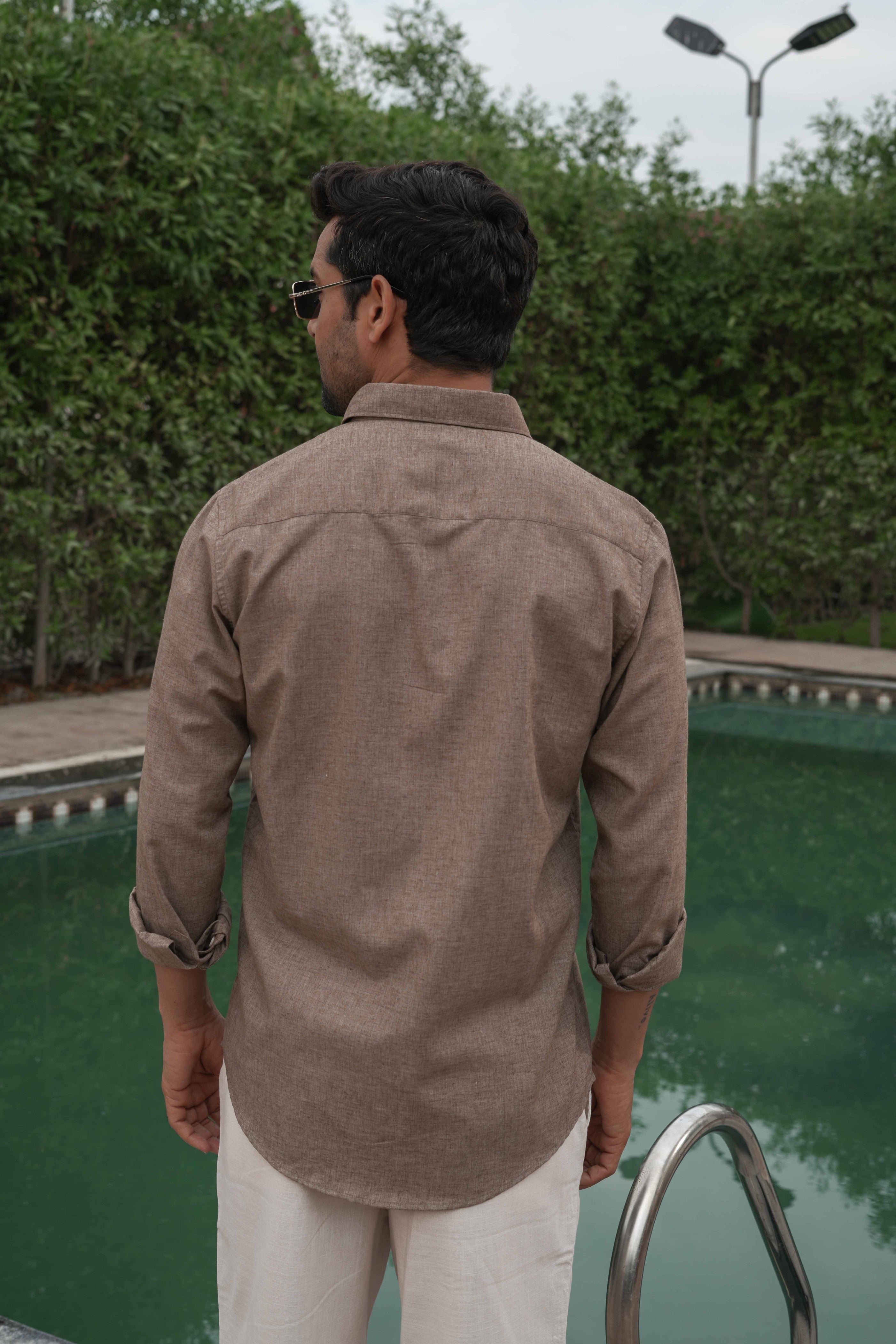 Brown Natural Textured Solid Pre-Washed Slim Fit Linen Cotton Shirt