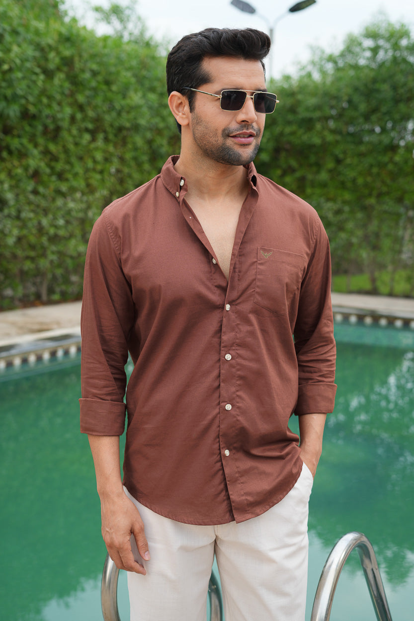 Rust Solid Pre-Washed Slim Fit Linen Cotton Shirt