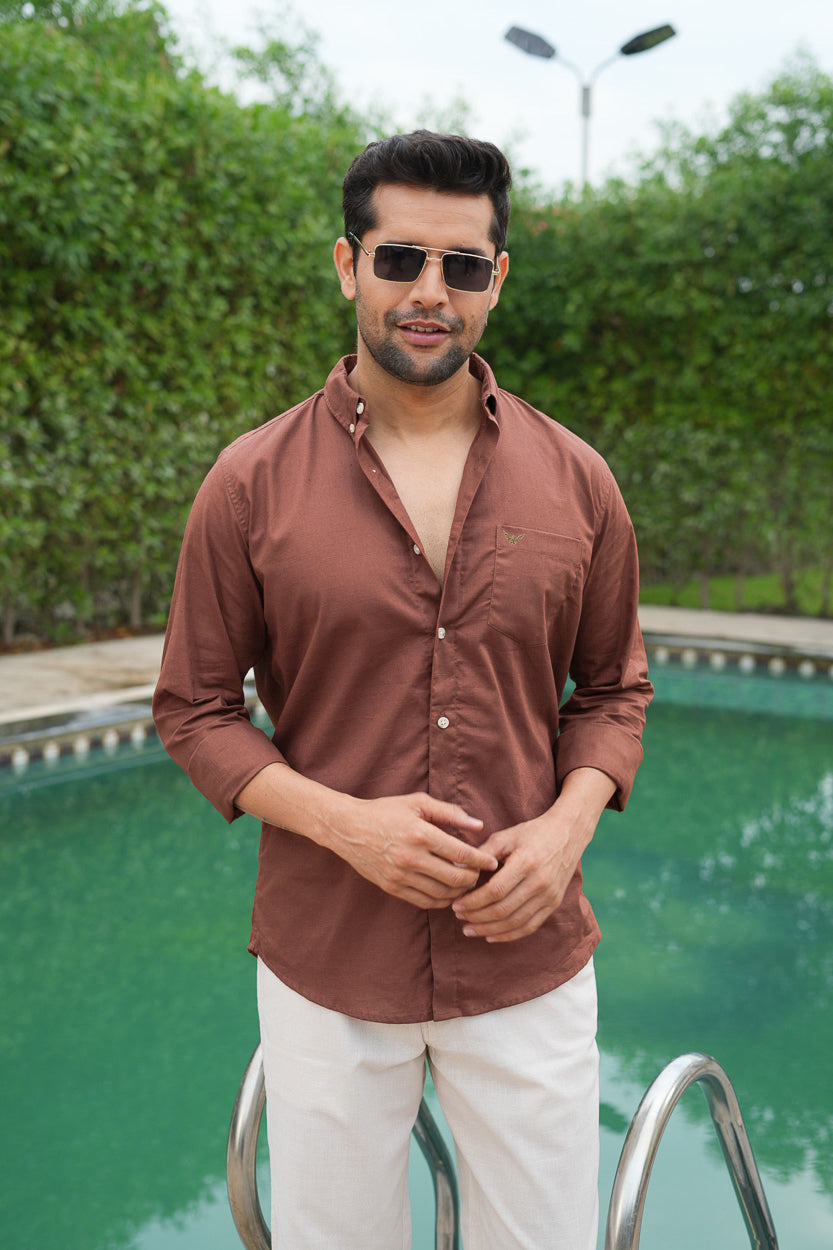 Rust Solid Pre-Washed Slim Fit Linen Cotton Shirt