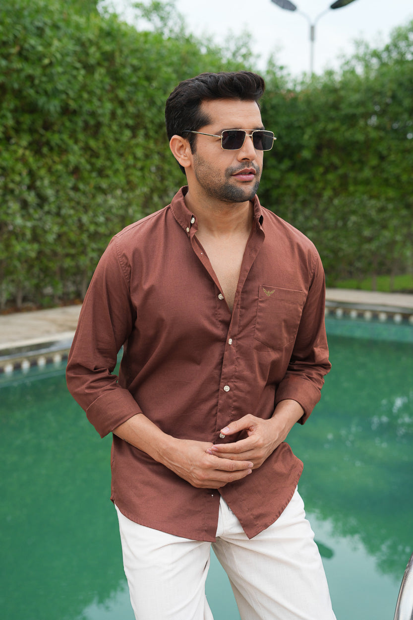 Rust Solid Pre-Washed Slim Fit Linen Cotton Shirt