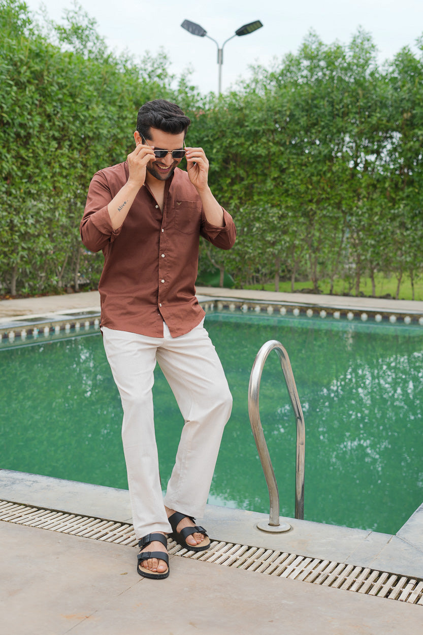 Rust Solid Pre-Washed Slim Fit Linen Cotton Shirt