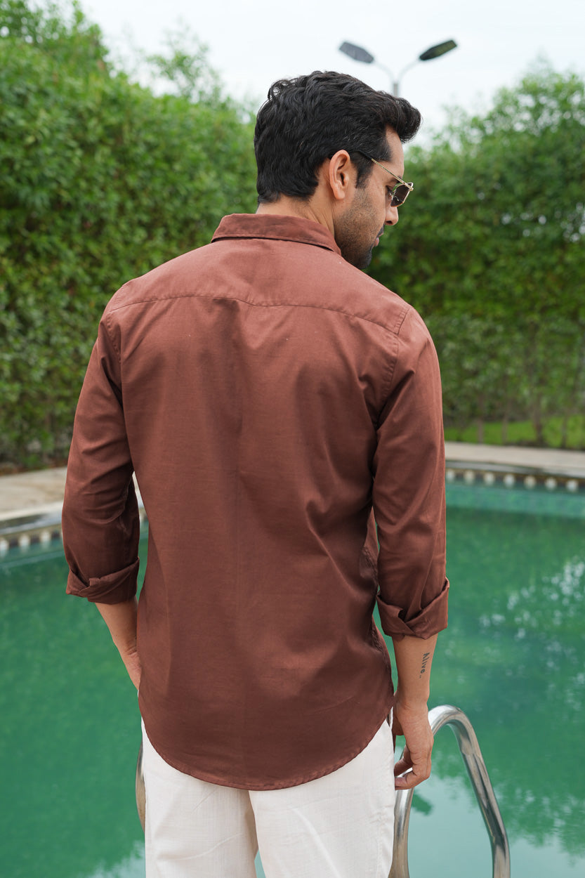 Rust Solid Pre-Washed Slim Fit Linen Cotton Shirt
