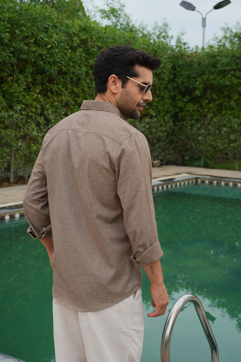 Brown Natural Textured Solid Pre-Washed Slim Fit Linen Cotton Shirt