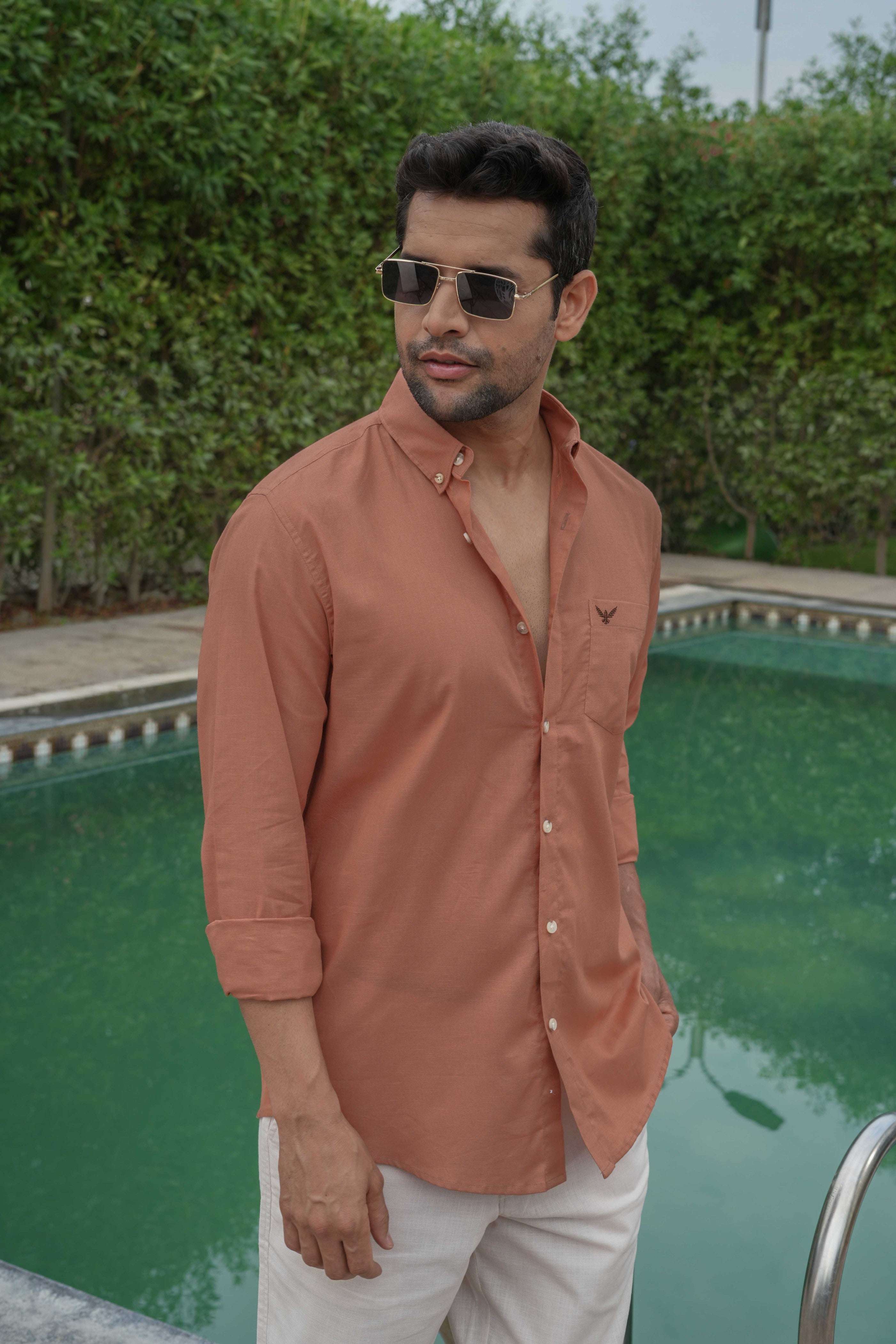 Orange Solid Pre-Washed Slim Fit Linen Cotton Regular Fit Plus Size Shirt