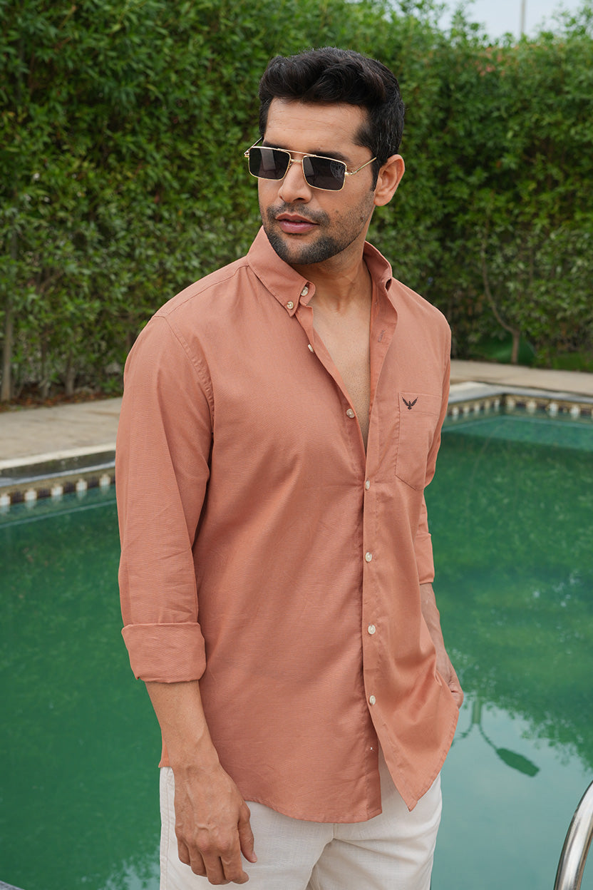 Orange Solid Pre-Washed Slim Fit Linen Cotton Shirt