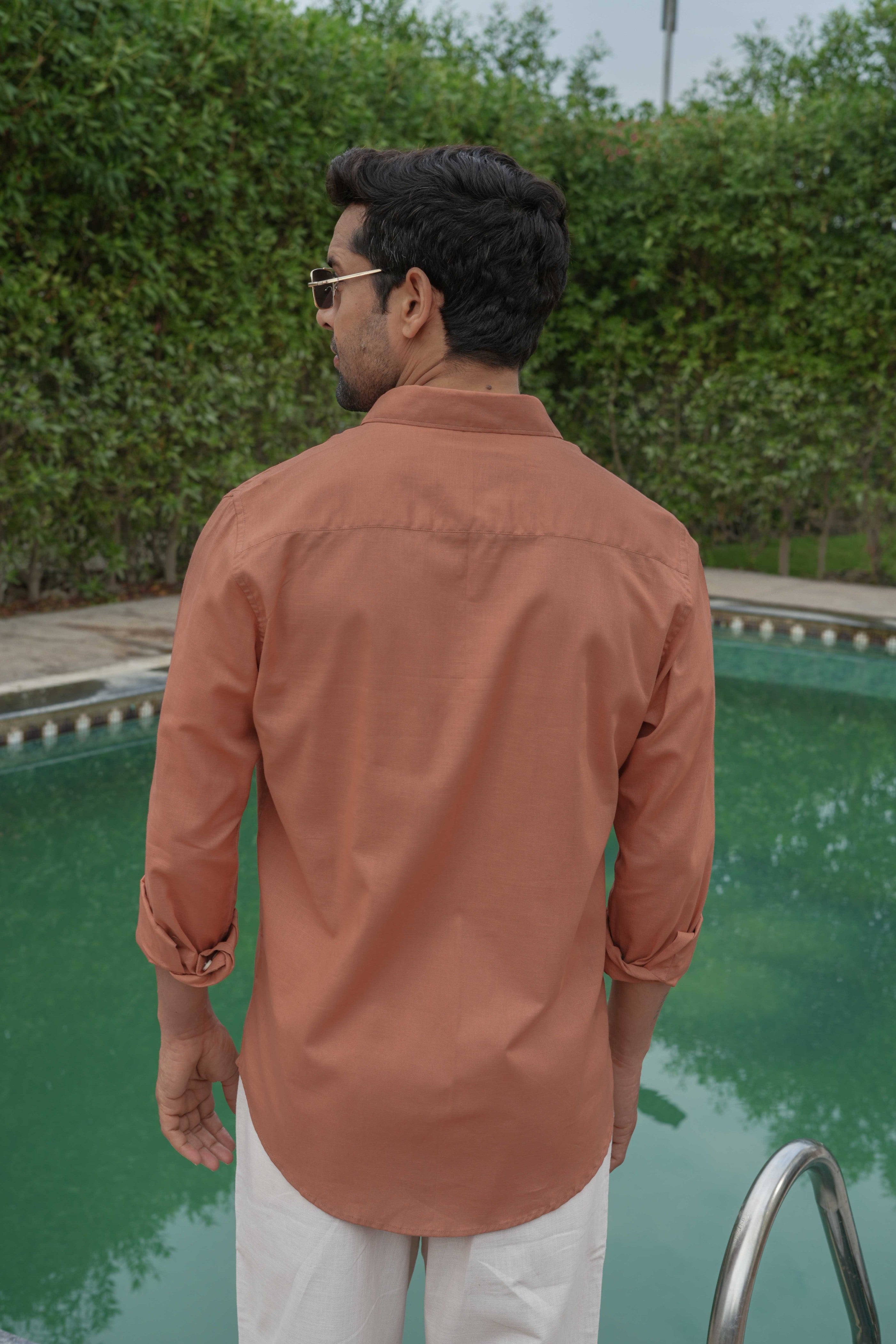 Orange Solid Pre-Washed Slim Fit Linen Cotton Shirt