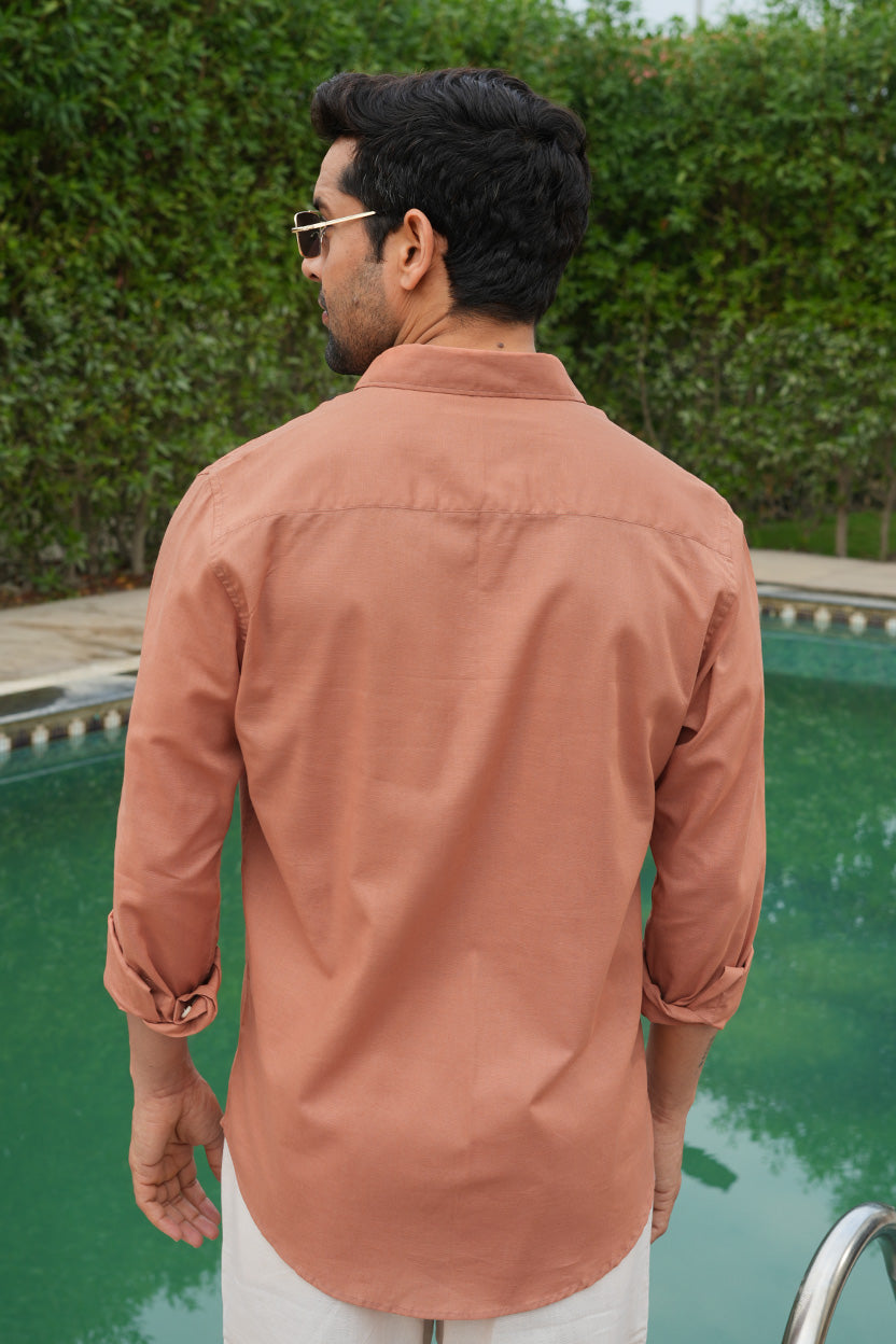 Orange Solid Pre-Washed Slim Fit Linen Cotton Shirt