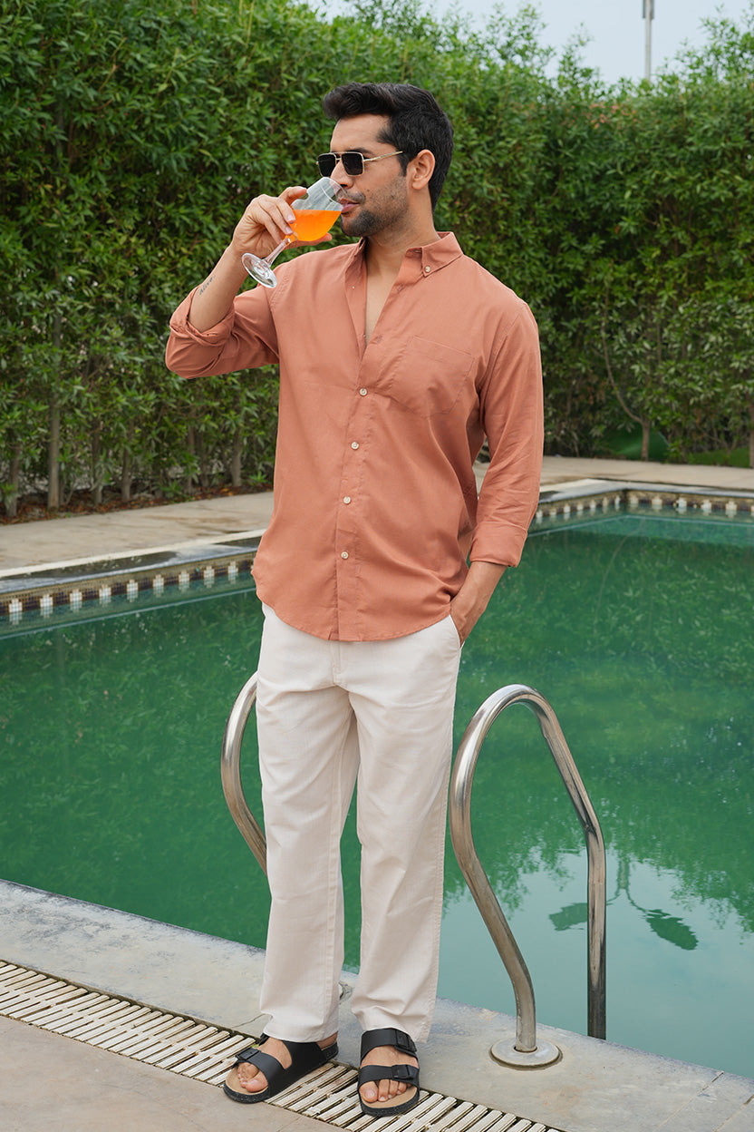 Orange Solid Pre-Washed Slim Fit Linen Cotton Shirt