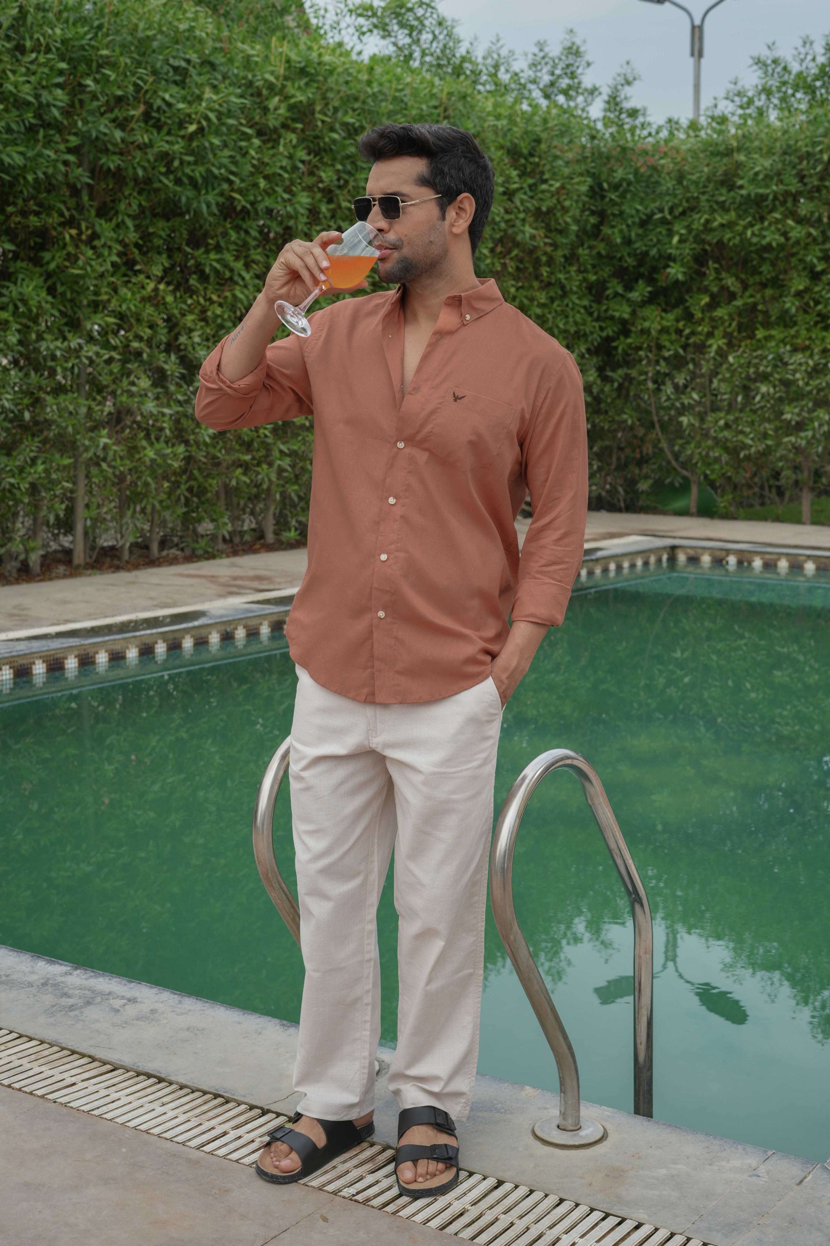 Orange Solid Pre-Washed Slim Fit Linen Cotton Regular Fit Plus Size Shirt