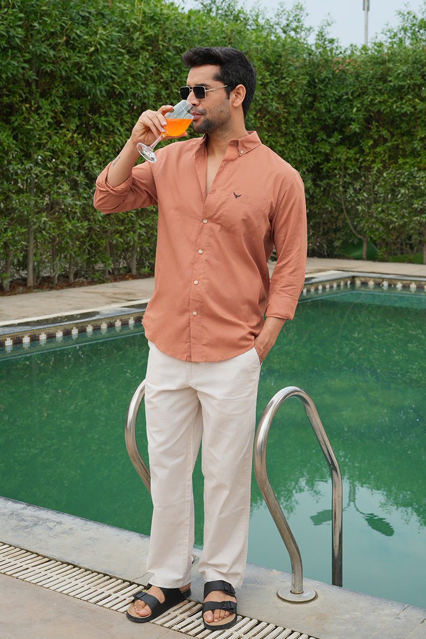 Orange Solid Pre-Washed Slim Fit Linen Cotton Shirt