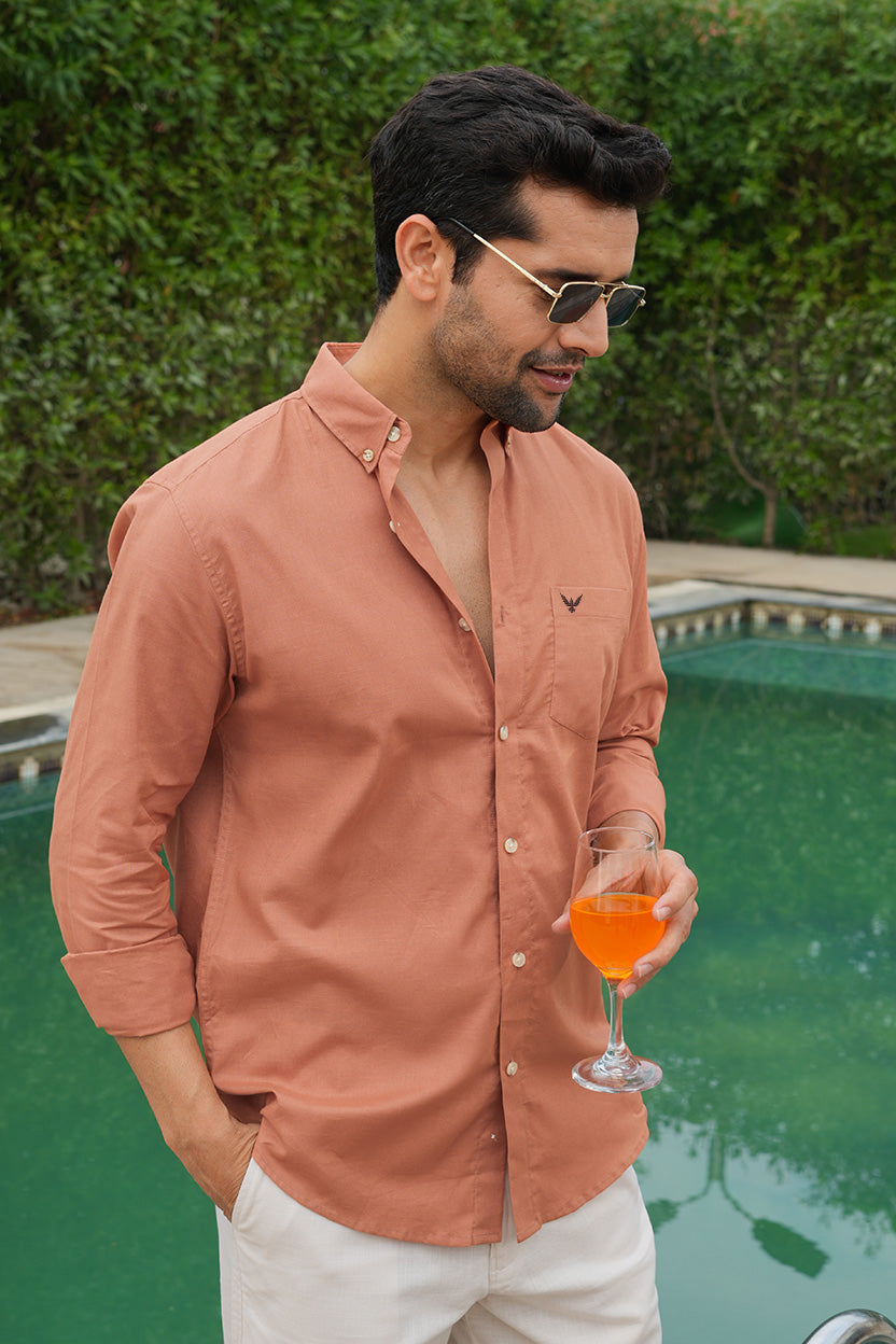 Orange Solid Pre-Washed Slim Fit Linen Cotton Shirt