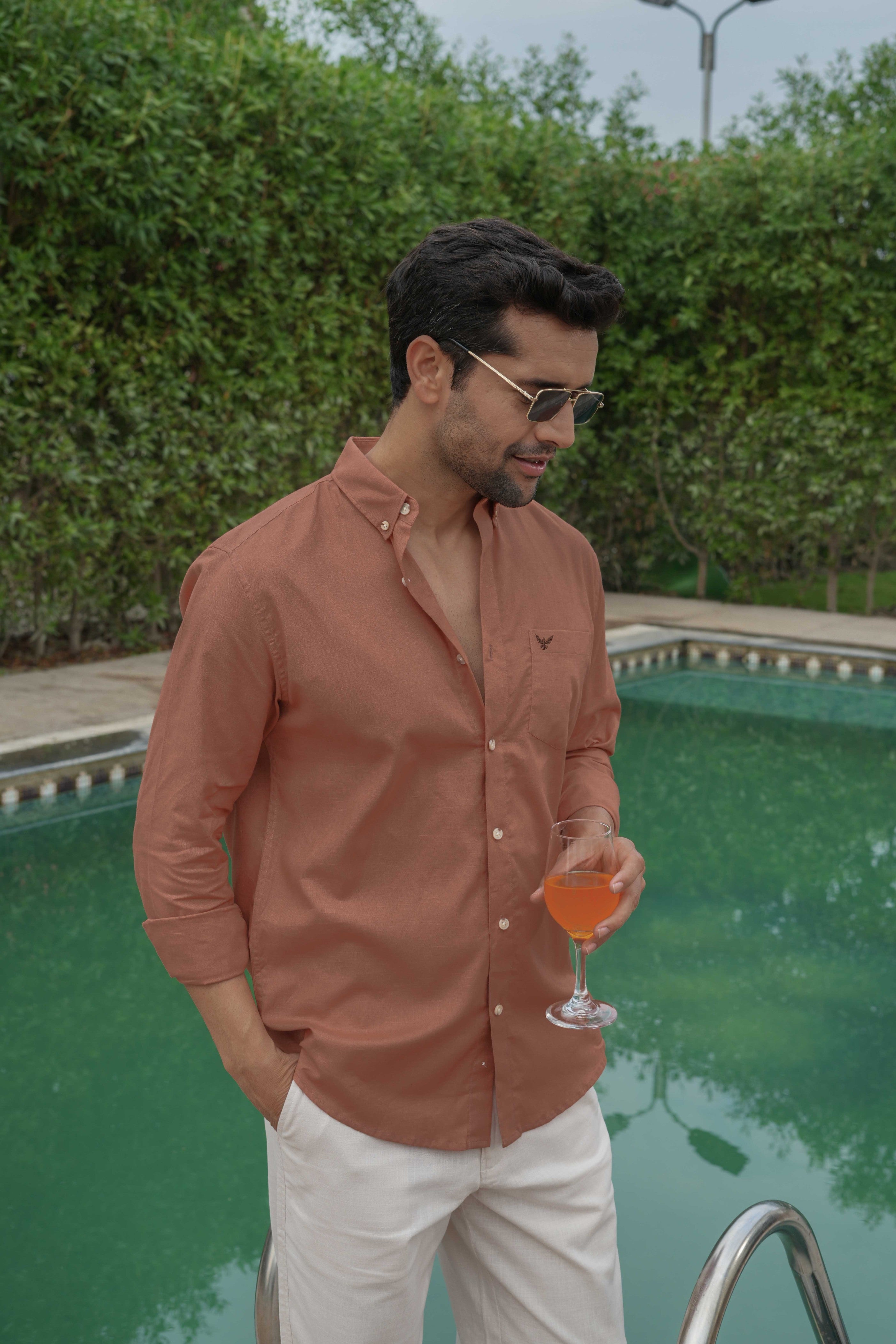 Orange Solid Pre-Washed Slim Fit Linen Cotton Shirt