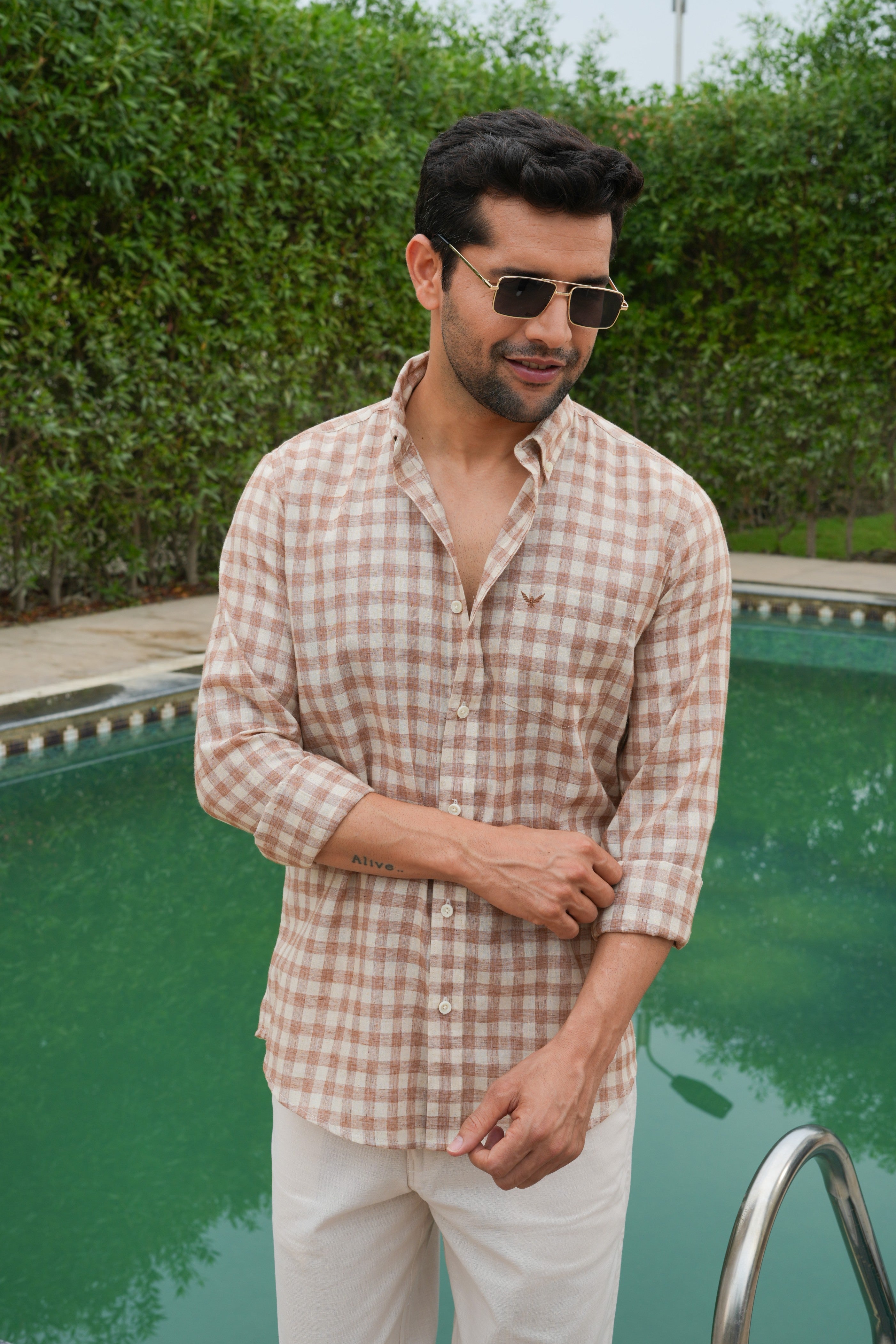 Rust Checked Slim Fit Pre-Washed Linen Cotton Shirt