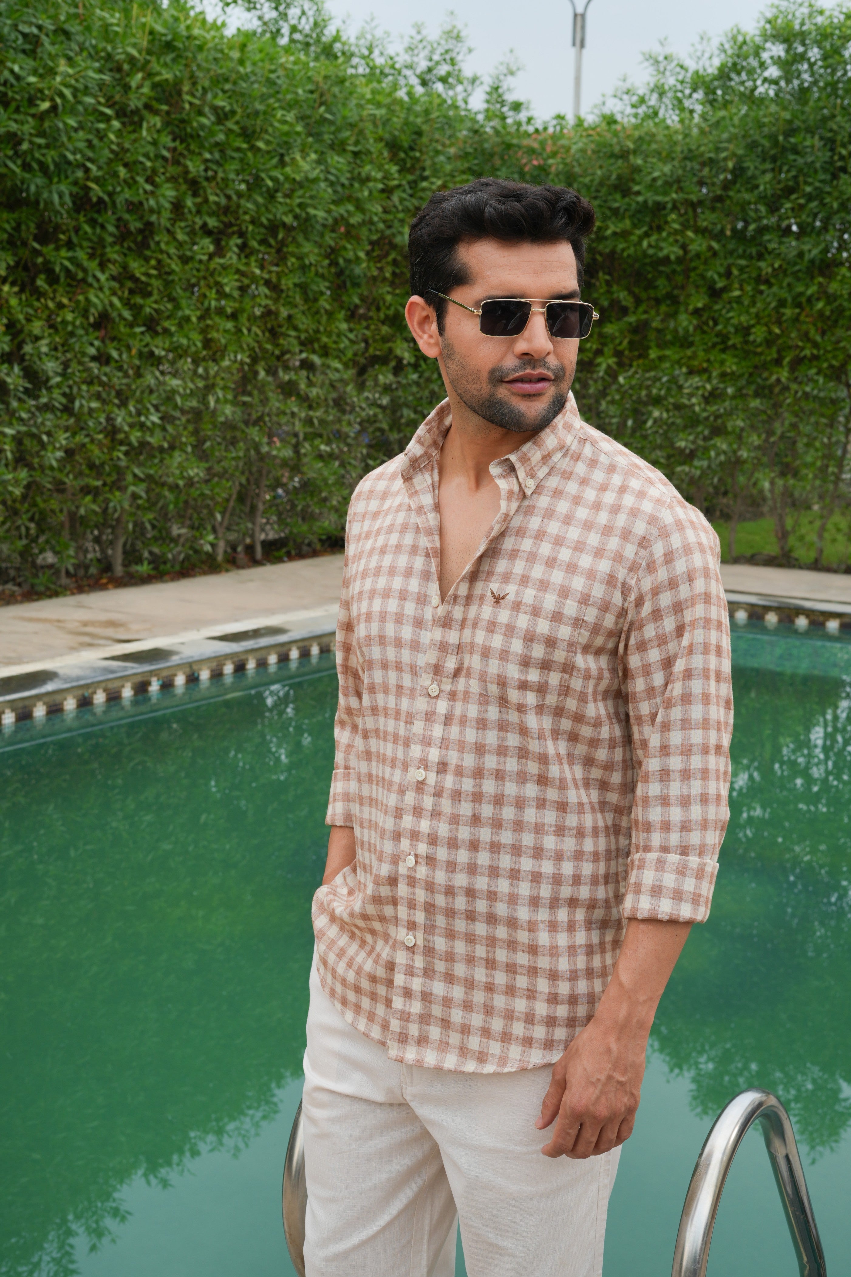 Rust Checked Slim Fit Pre-Washed Linen Cotton Shirt