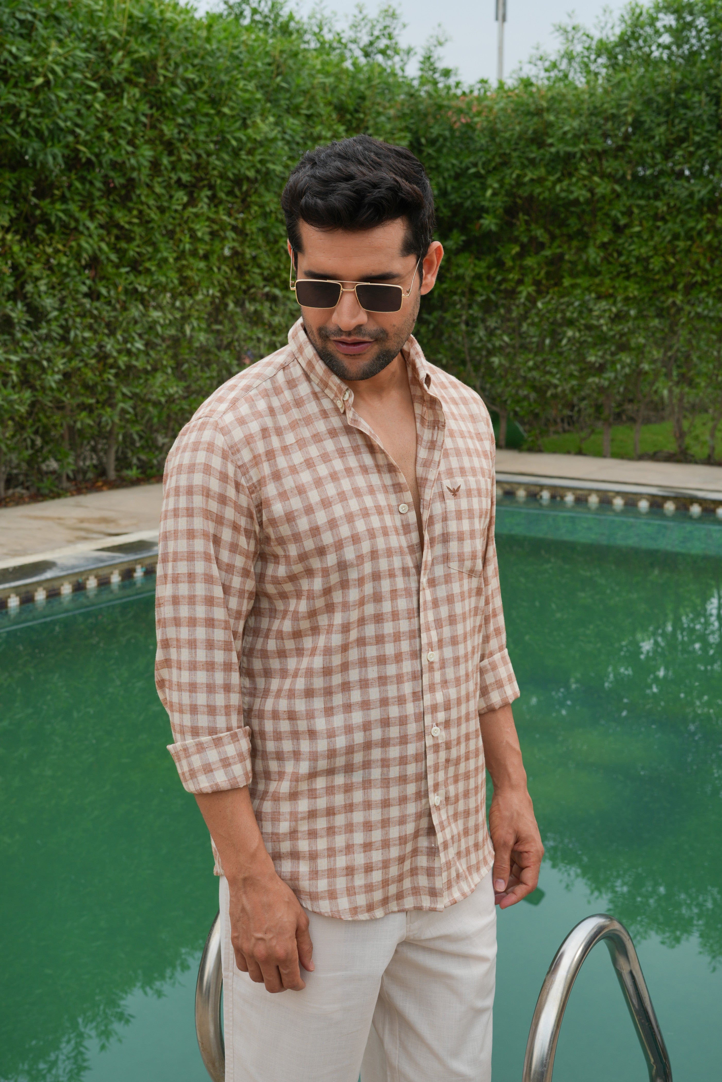 Rust Checked Slim Fit Pre-Washed Linen Cotton Shirt