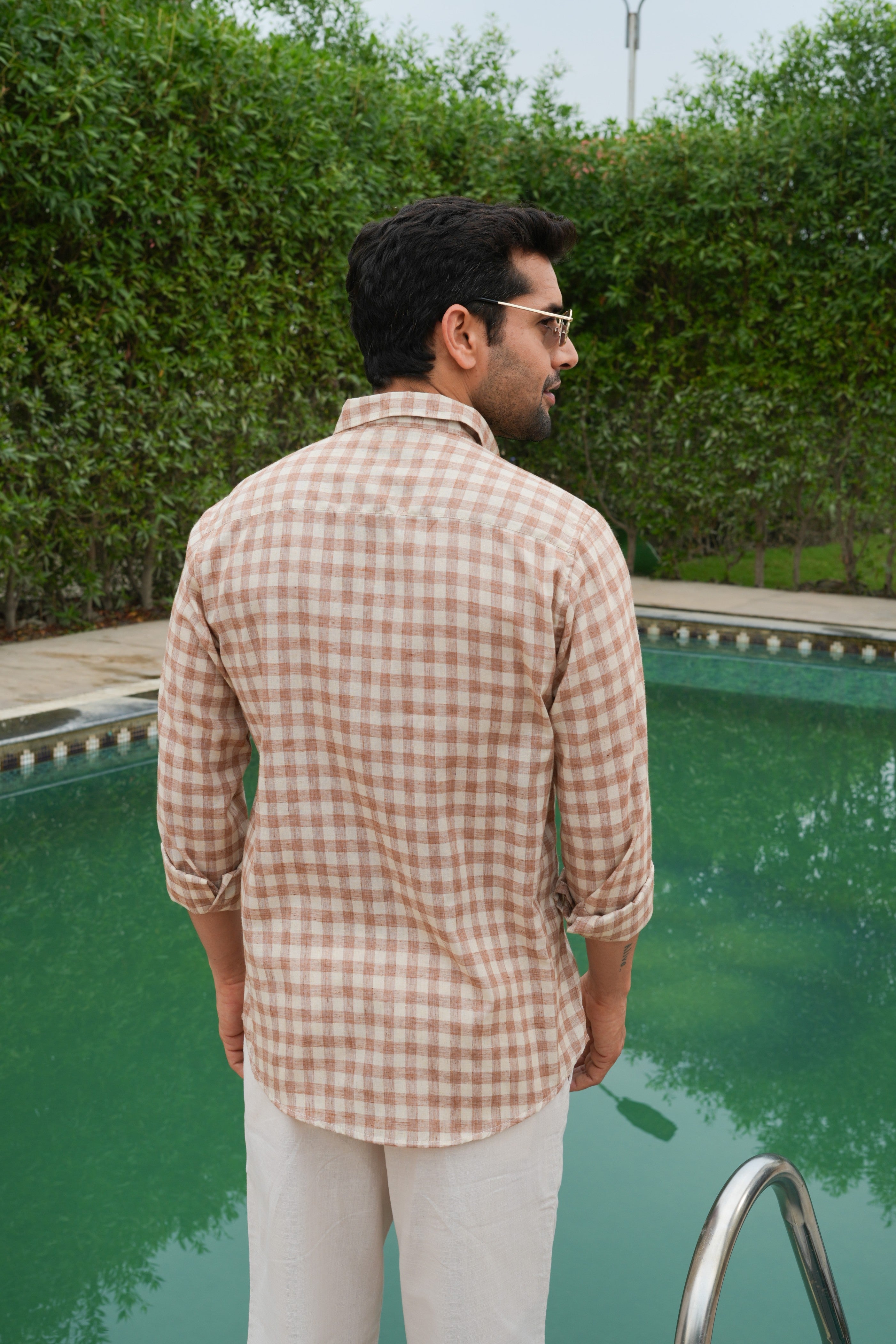 Rust Checked Slim Fit Pre-Washed Linen Cotton Shirt