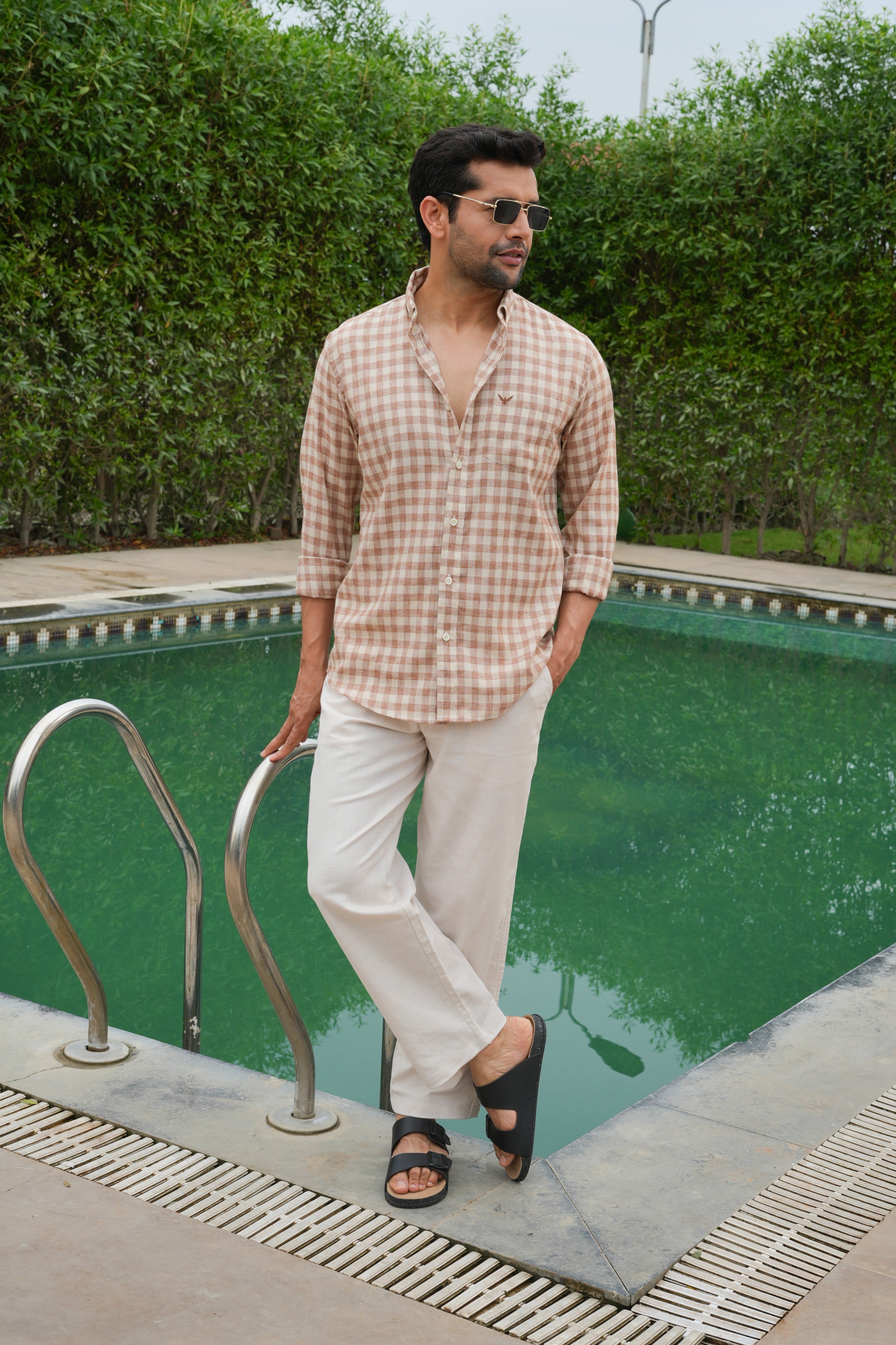 Rust Checked Slim Fit Pre-Washed Linen Cotton Shirt