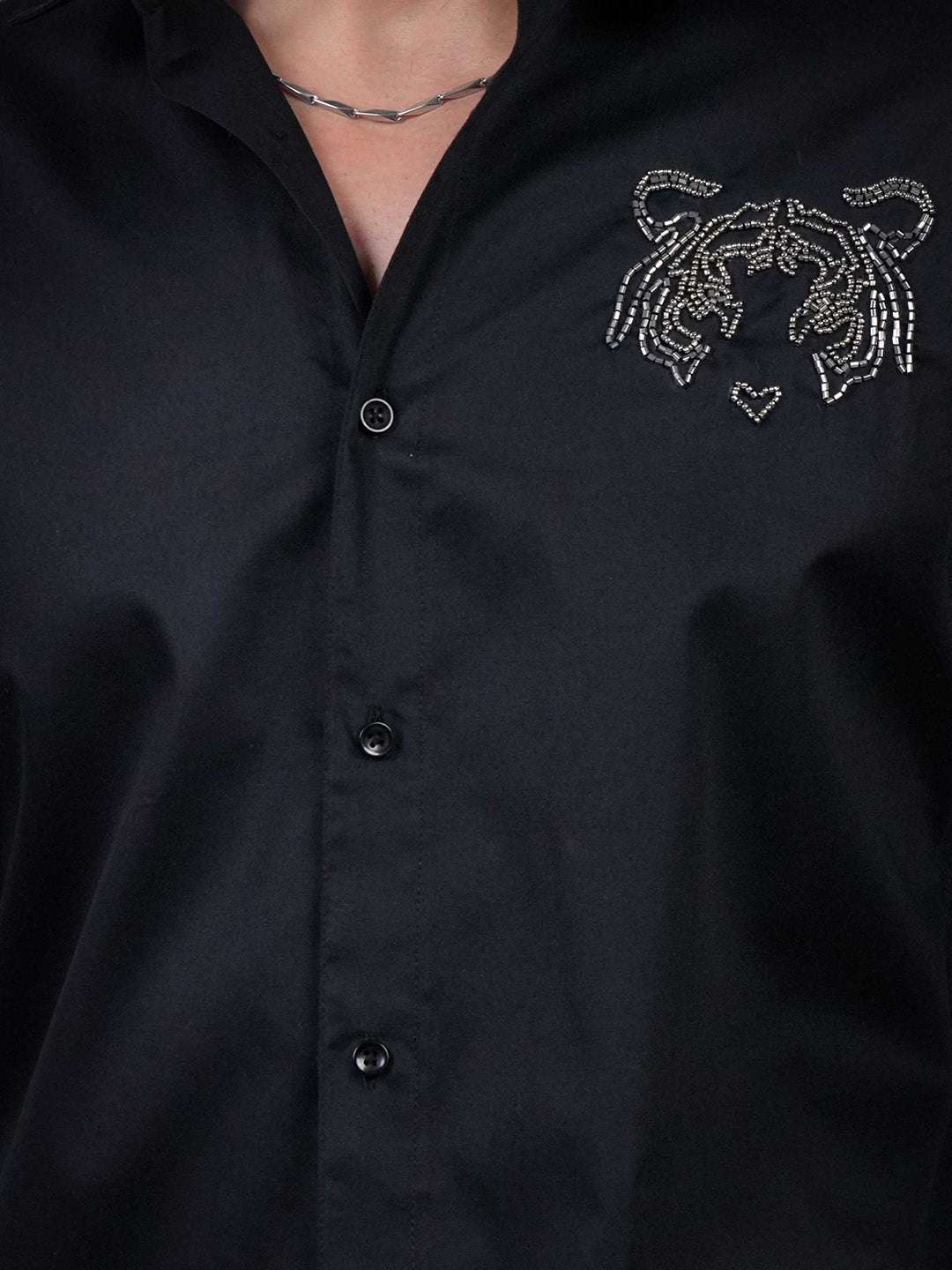 Black Sequin Cotton Satin Slim Fit Shirt