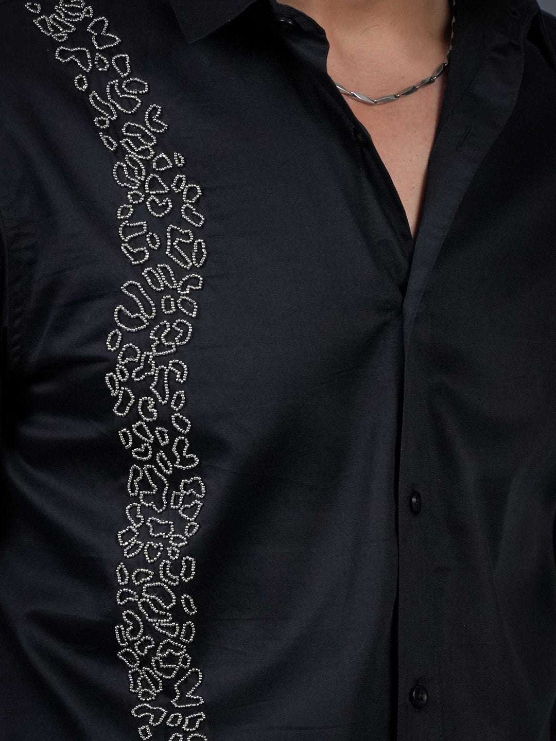 Black Sequin Cotton Satin Slim Fit Shirt