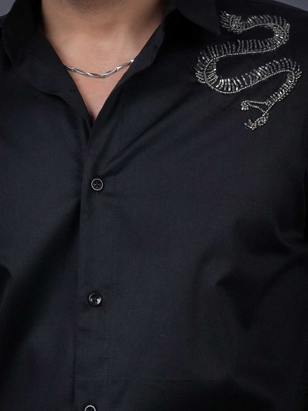 Black Sequin Cotton Satin Slim Fit Shirt