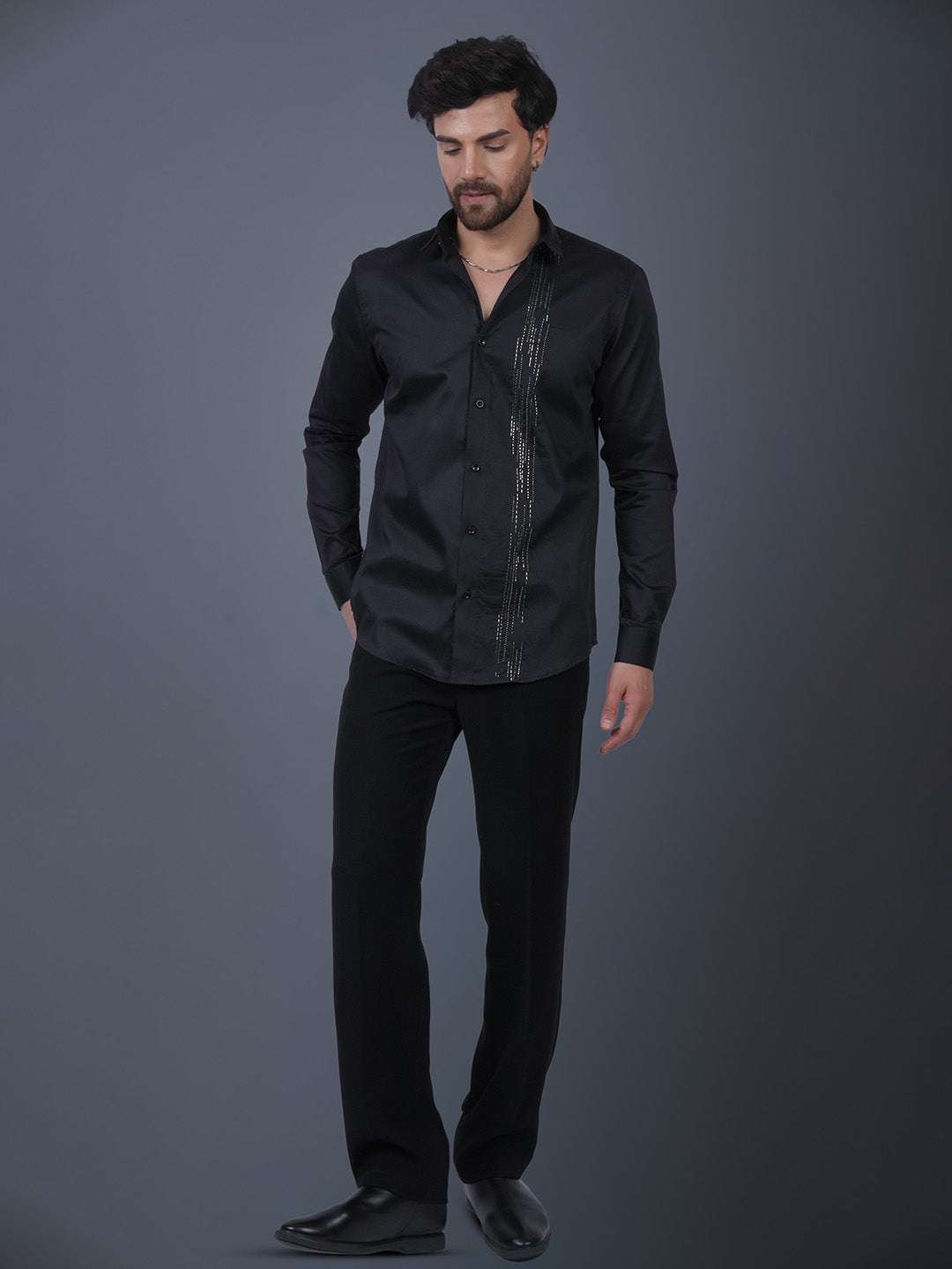 Black Sequin Cotton Satin Slim Fit Shirt