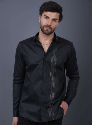 Black Sequin Cotton Satin Slim Fit Shirt