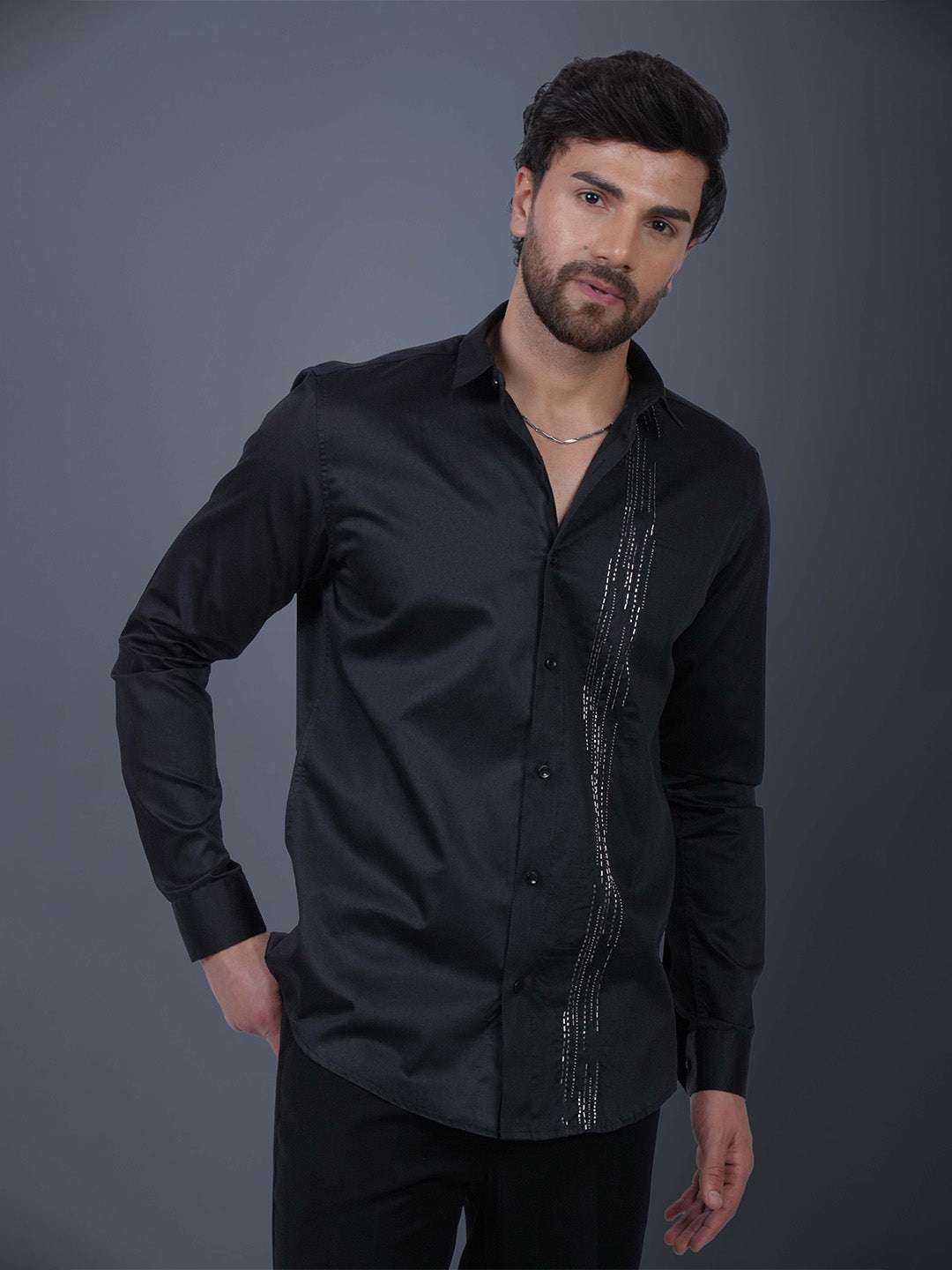 Black Sequin Cotton Satin Slim Fit Shirt