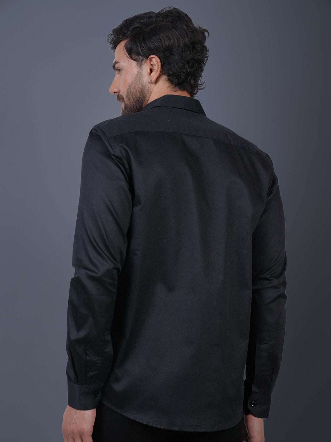 Black Sequin Cotton Satin Slim Fit Shirt