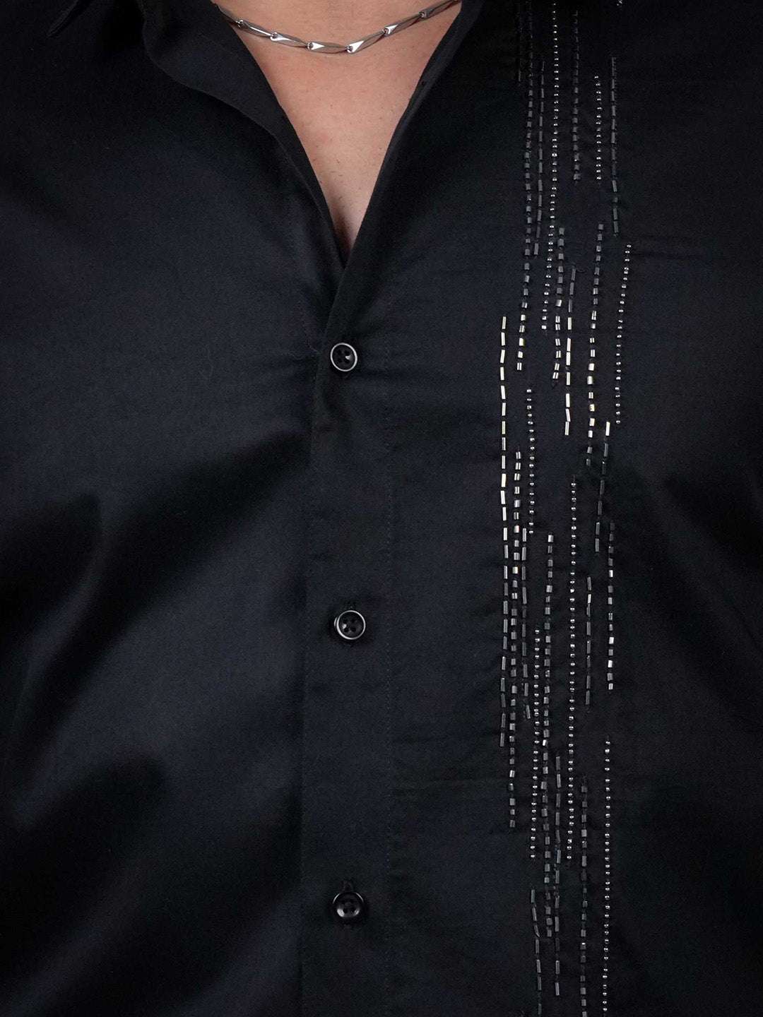 Black Sequin Cotton Satin Slim Fit Shirt