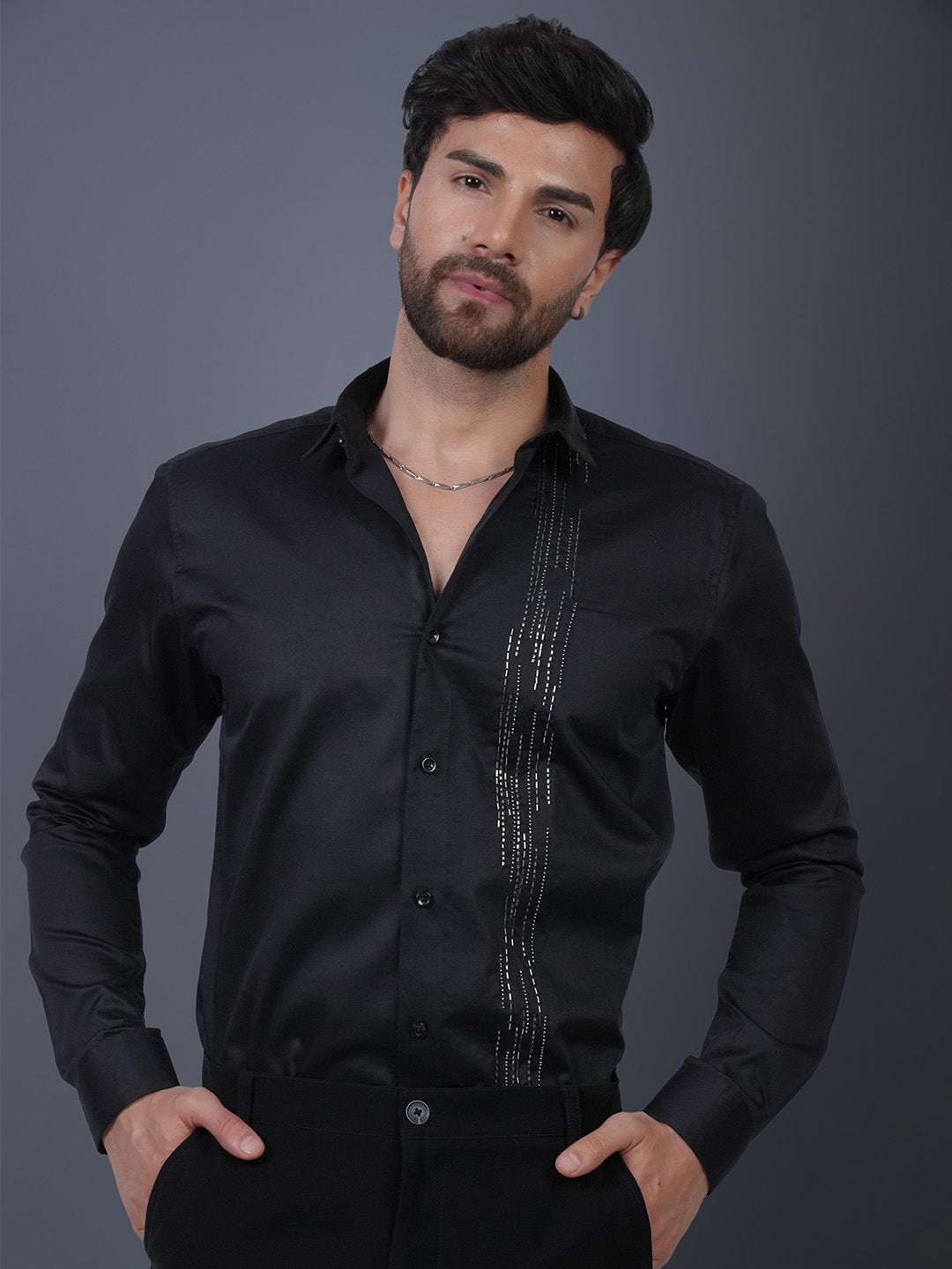Black Sequin Cotton Satin Slim Fit Shirt