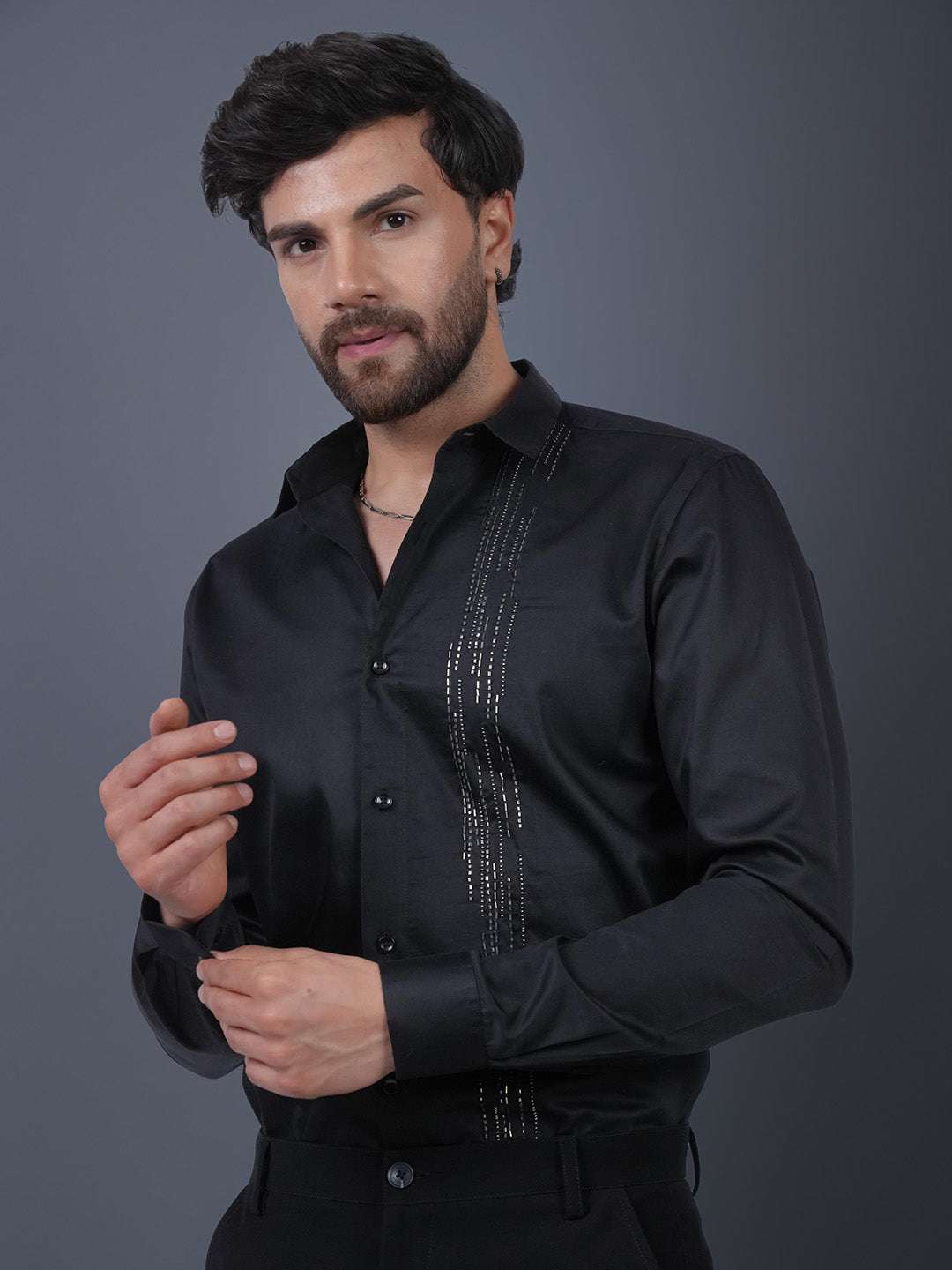 Black Sequin Cotton Satin Slim Fit Shirt