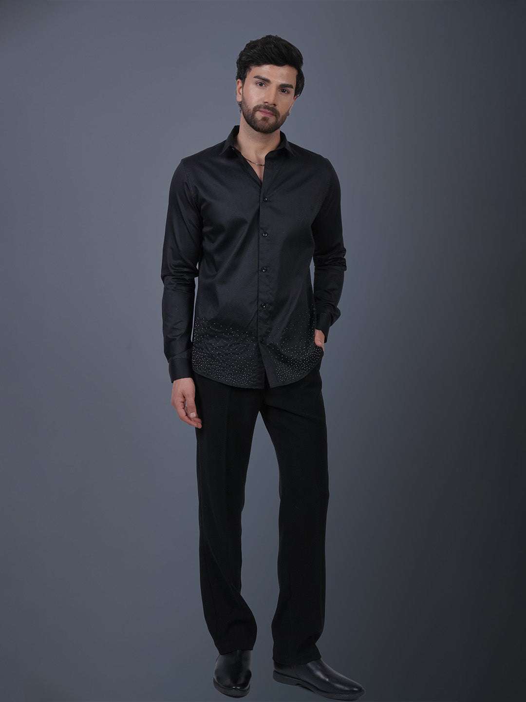 Black Sequin Cotton Satin Slim Fit Shirt