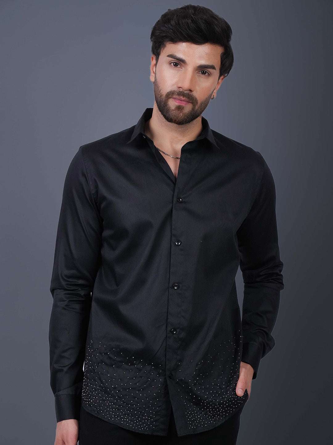 Black Sequin Cotton Satin Slim Fit Shirt