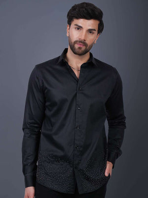 Black Sequin Cotton Satin Slim Fit Shirt