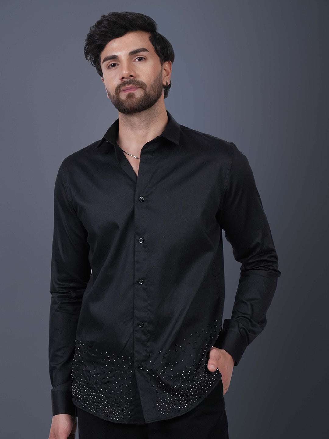 Black Sequin Cotton Satin Slim Fit Shirt