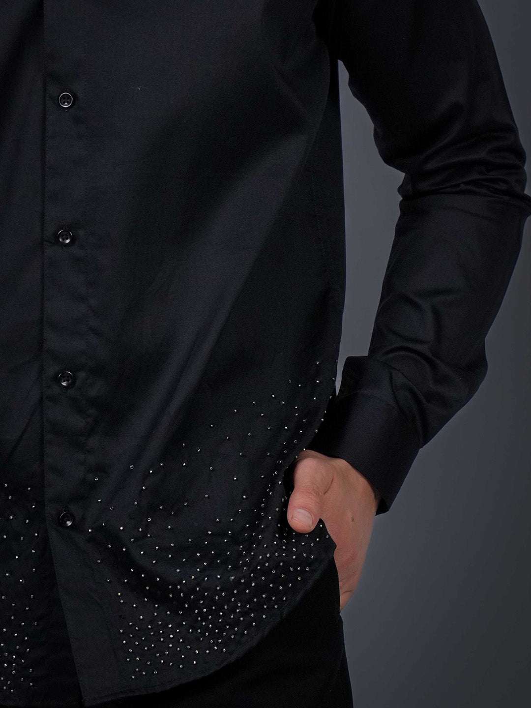 Black Sequin Cotton Satin Slim Fit Shirt