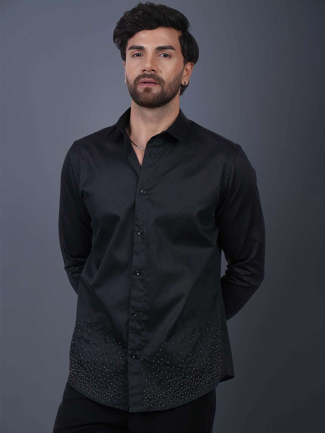 Black Sequin Cotton Satin Slim Fit Shirt