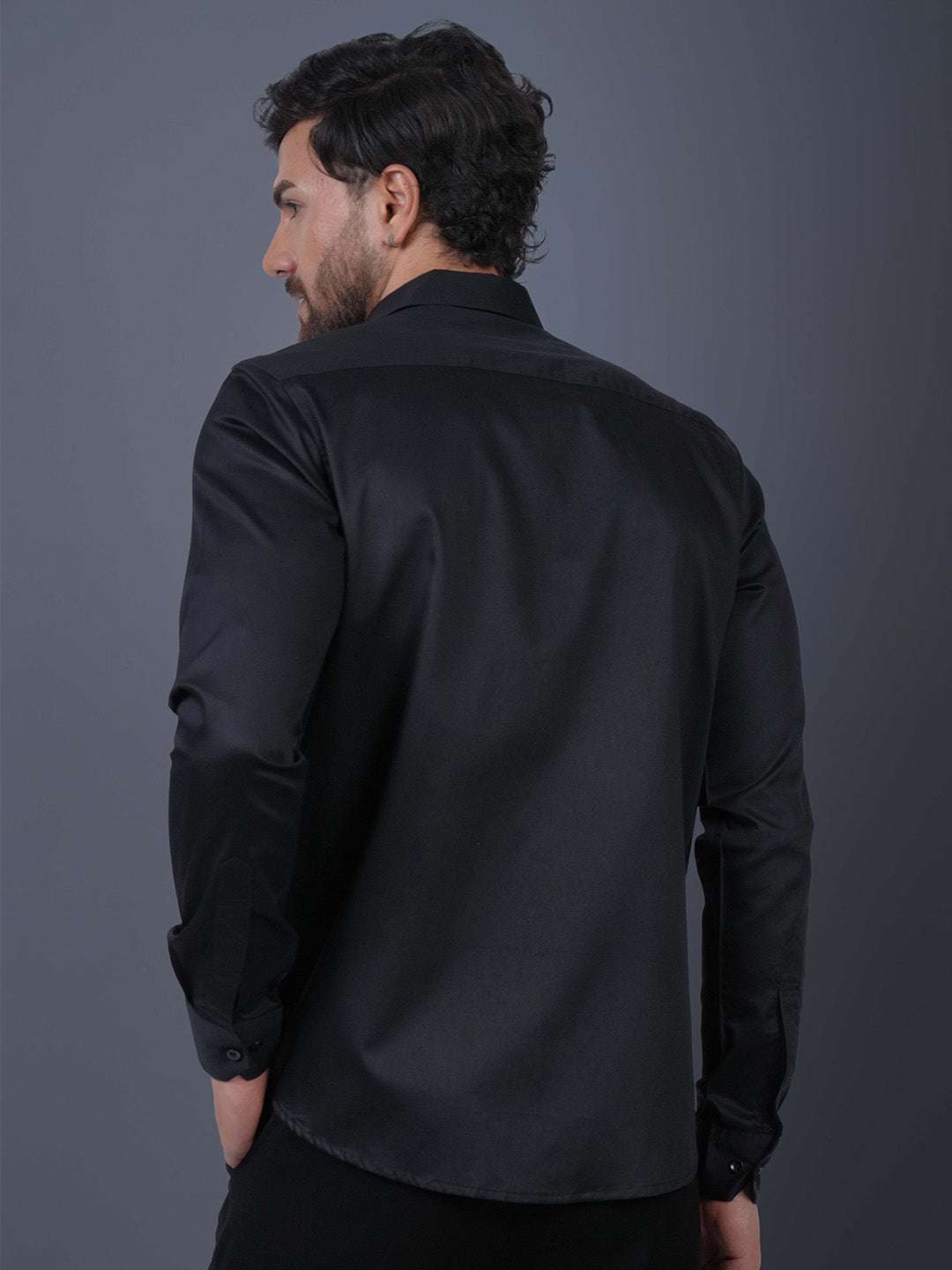 Black Sequin Cotton Satin Slim Fit Shirt