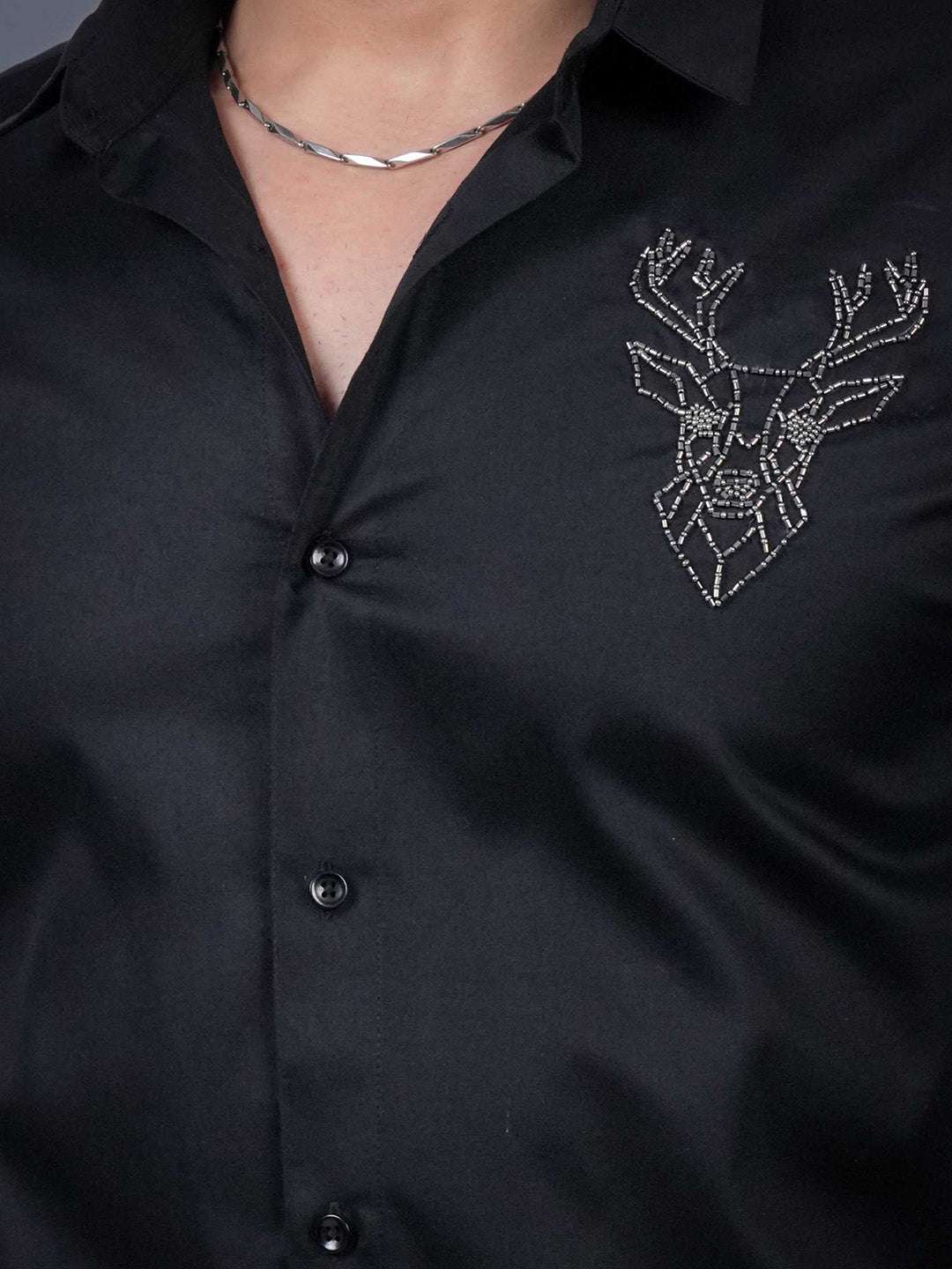 Black Sequin Cotton Satin Slim Fit Shirt