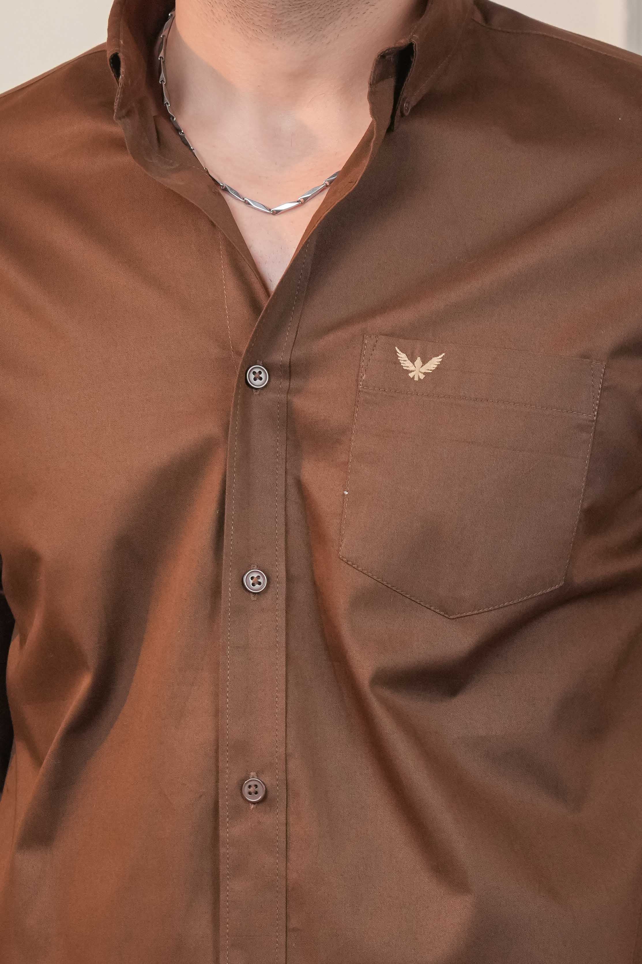 Brown Solid Cotton Twill  Slim Fit Shirt