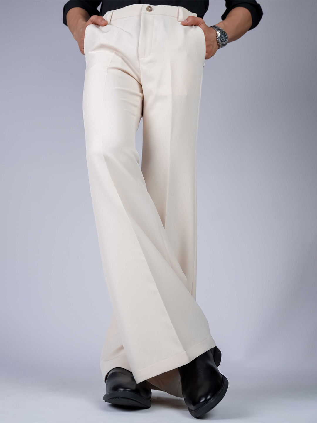 Cream Solid Boot Cut Fit Pants