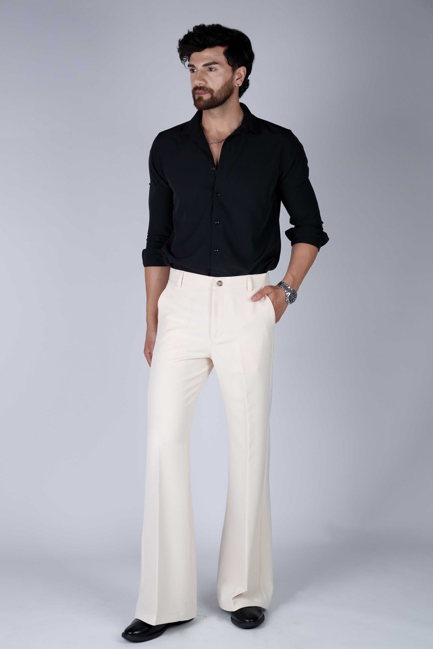 Cream Solid Boot Cut Fit Pants