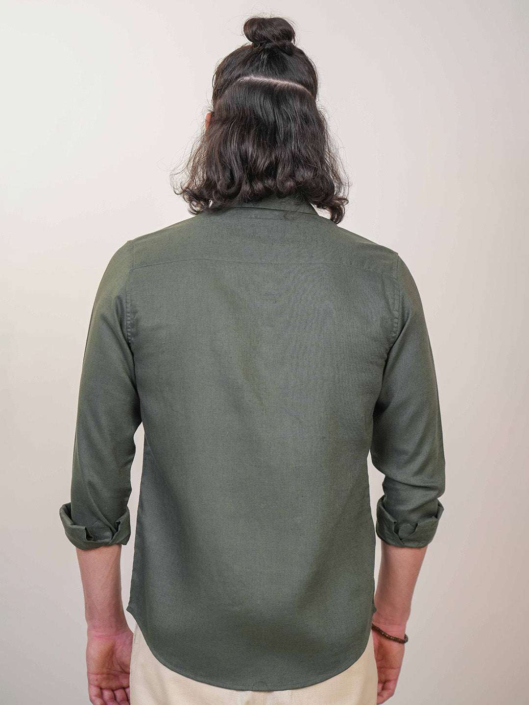 Olive Green Solid Pre-Washed Linen Cotton Slim Fit Shirt