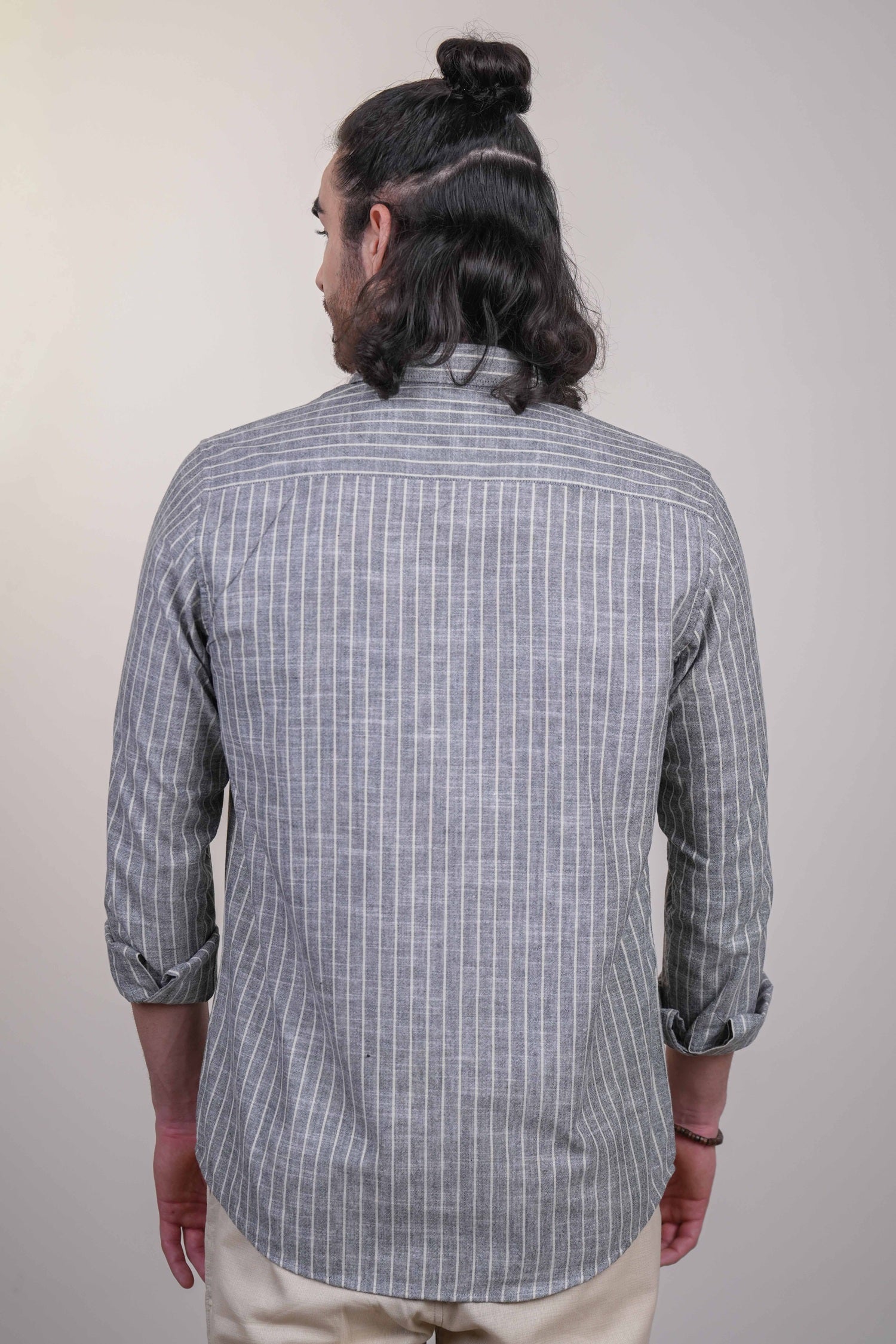 Dusty Grey Striped Pre-Washed Linen Cotton Slim Fit Shirt