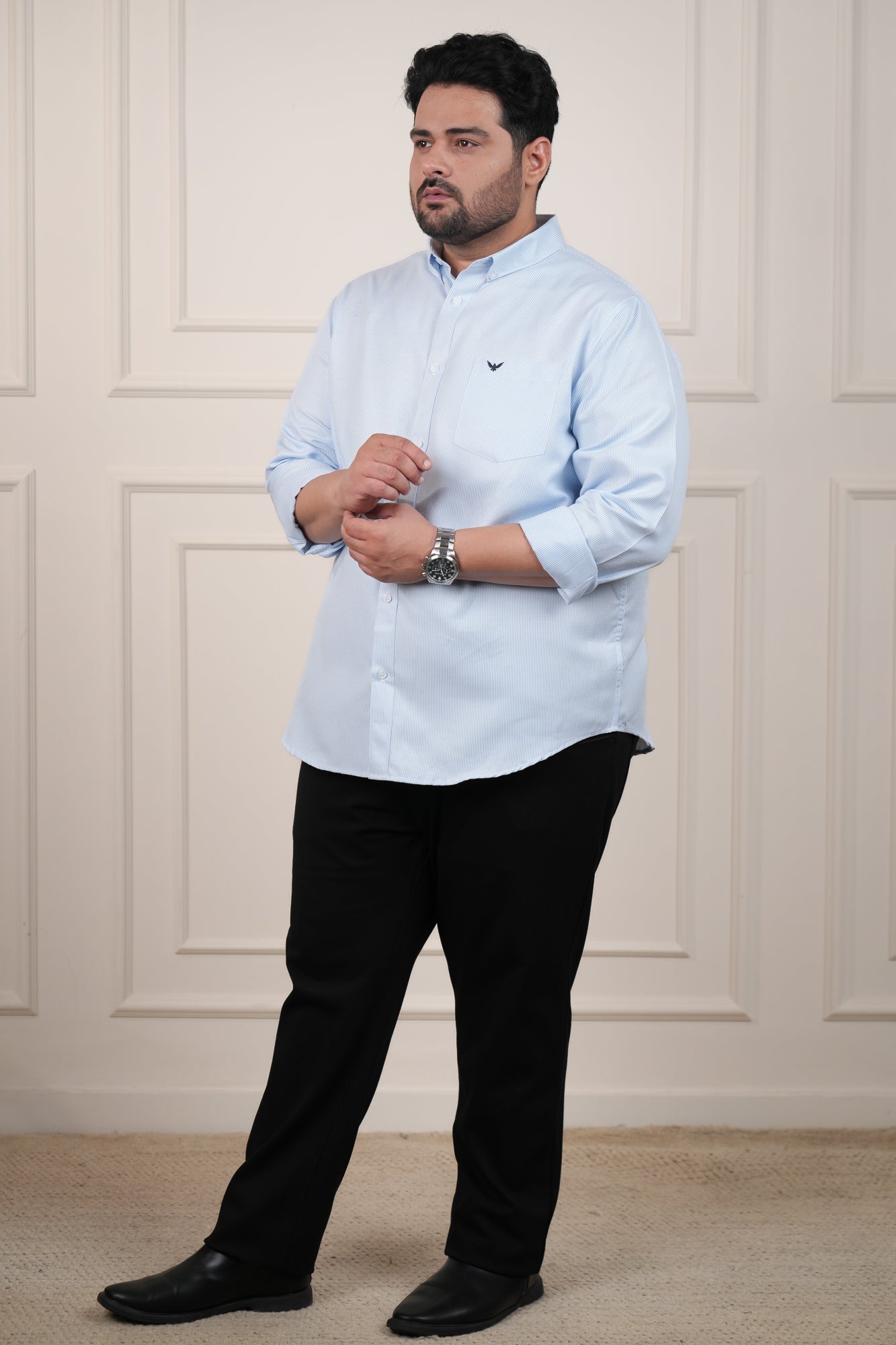 Sky Blue Striped Slim Fit Regular Fit Plus Size Cotton Shirt