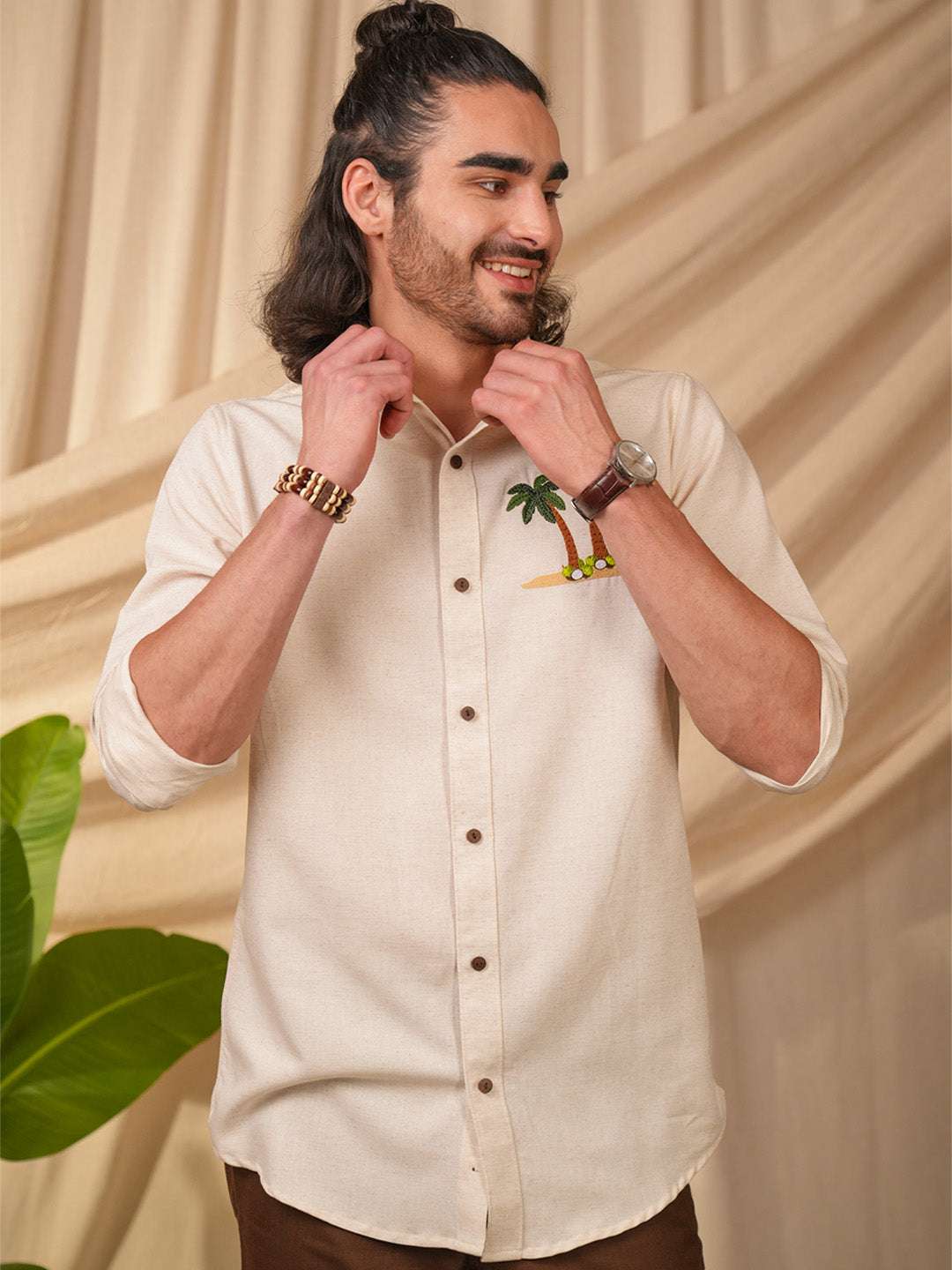 Beige Natural Grains Coconut Tree Embroidery Linen Cotton Shirt