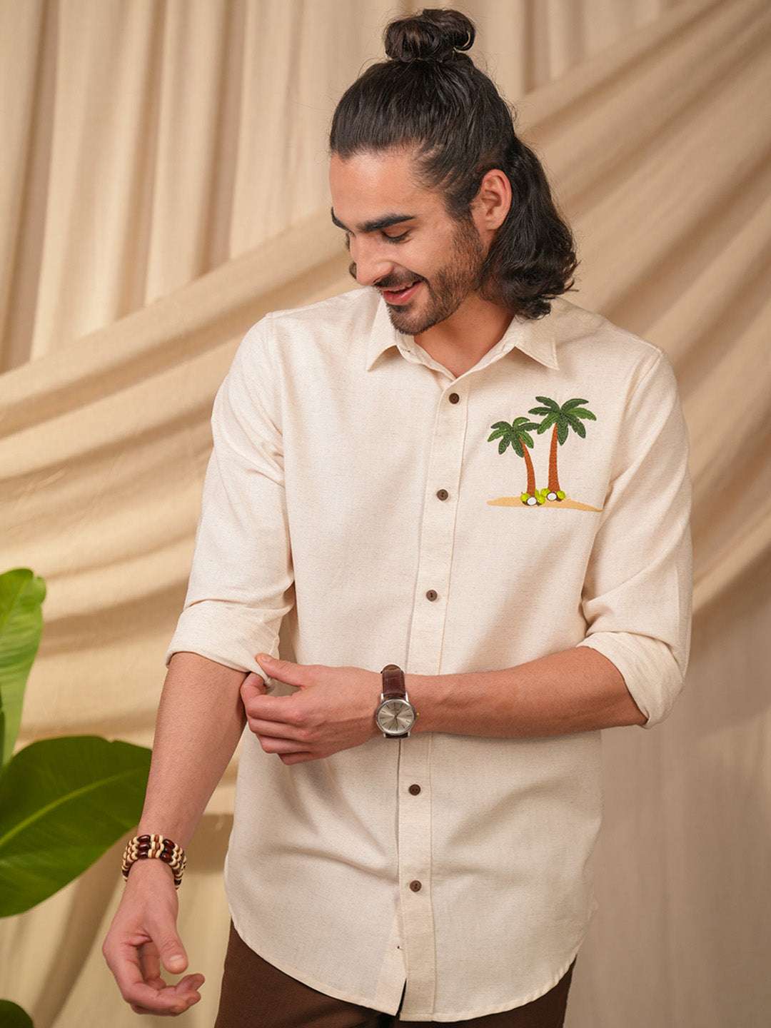 Beige Natural Grains Coconut Tree Embroidery Linen Cotton Shirt