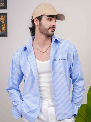 Sky Blue Striped Cotton Boxy Fit Shirt