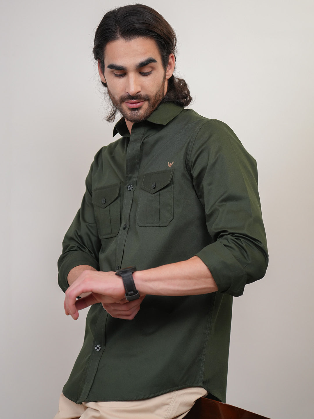 English Green Solid Cotton Twill  Slim Fit Shirt