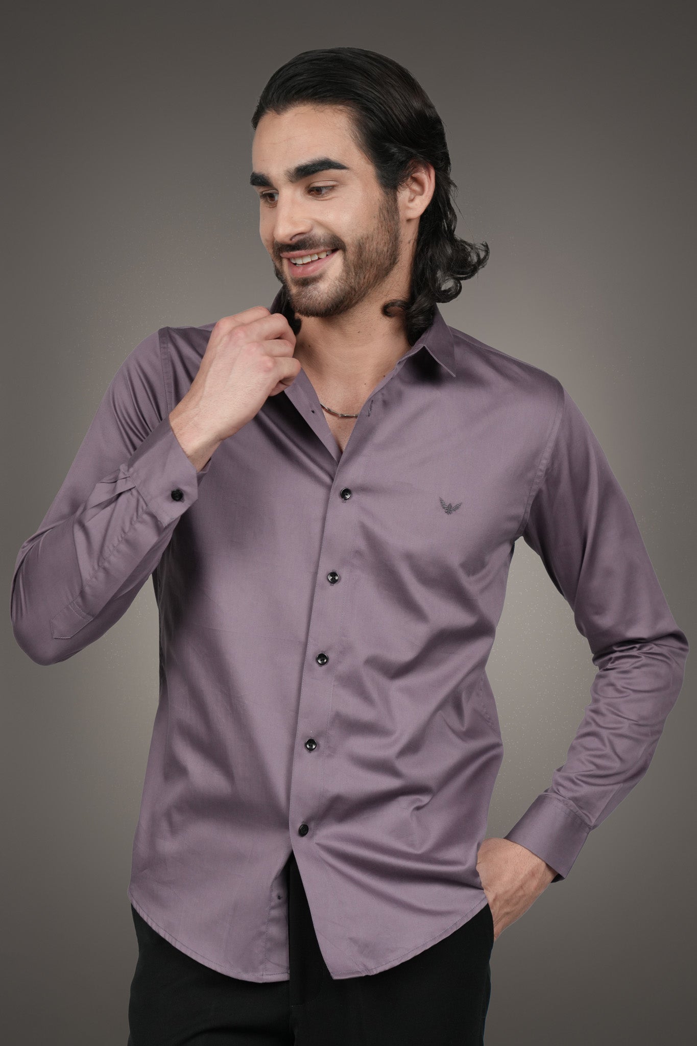 Mauve Solid Cotton Satin Slim Fit Shirt
